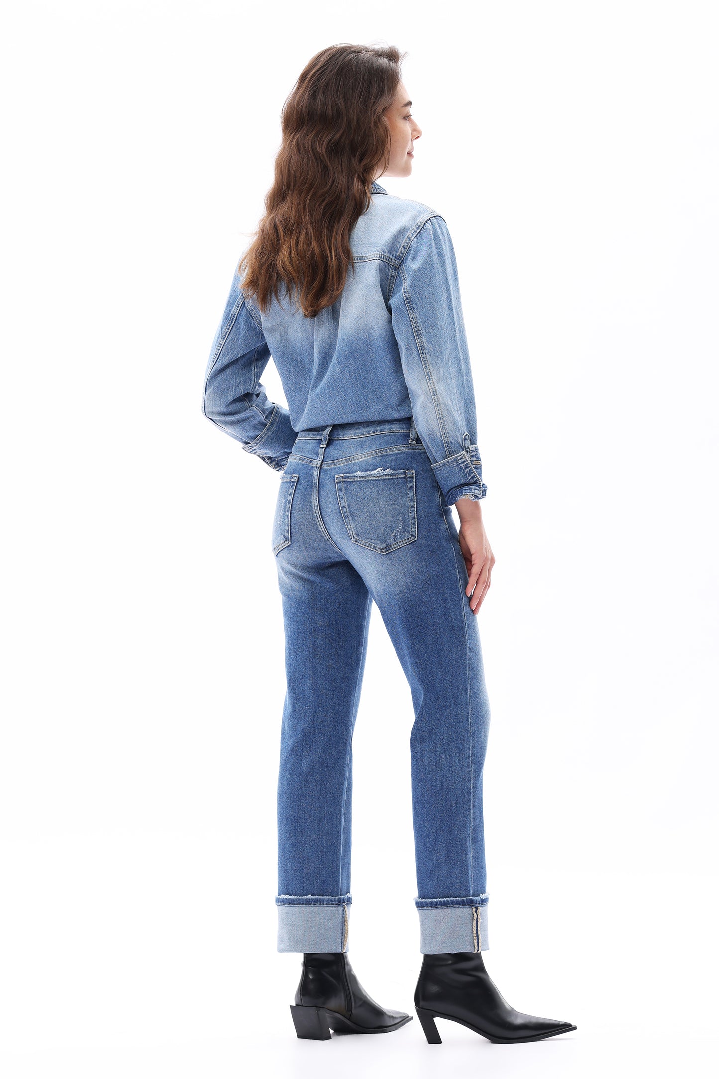 MID RISE CUFFED STRAIGHT DENIM JEANS OST5025 MDEIUM BLUE