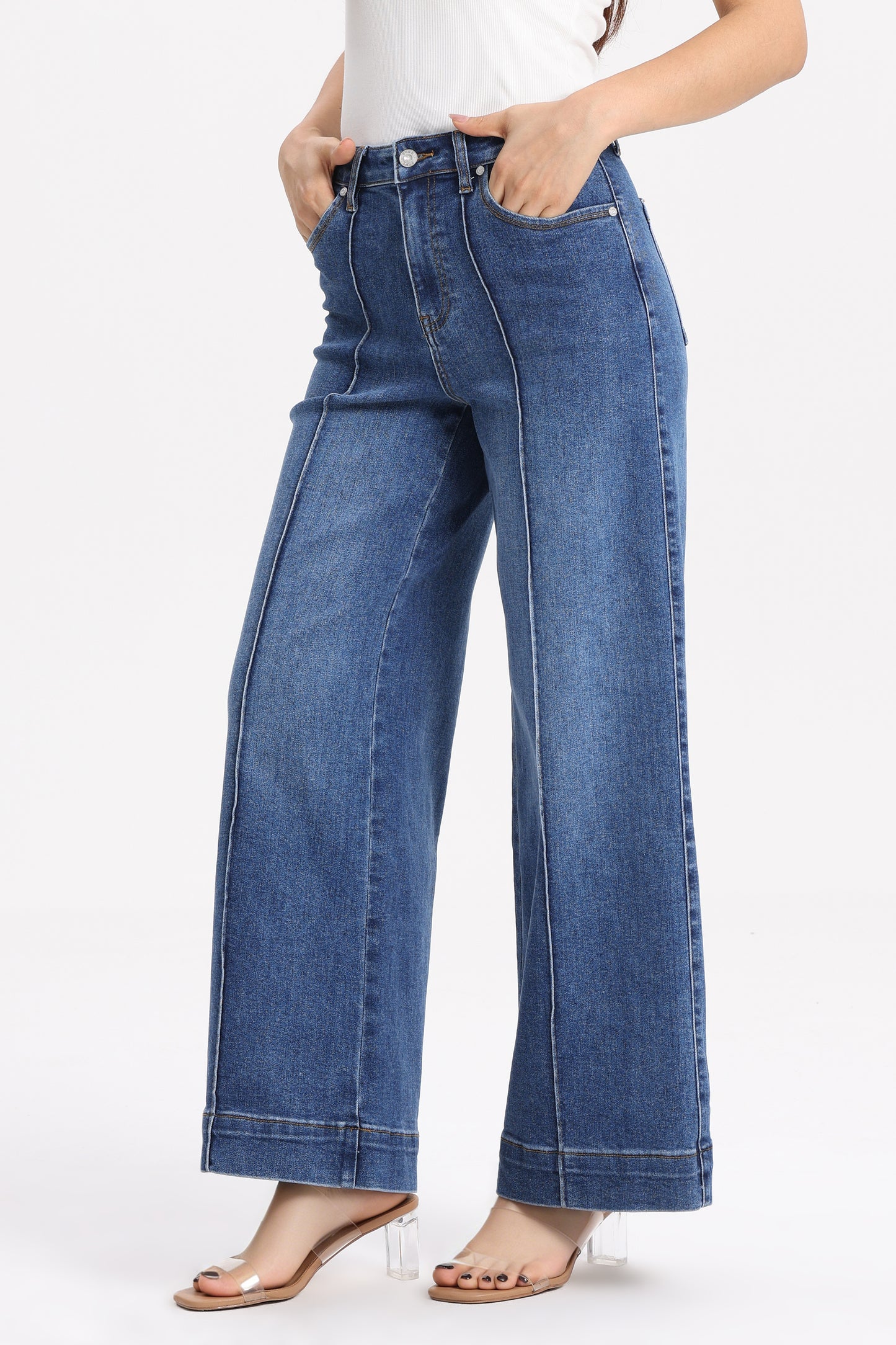 High Rise Wide Leg Denim Jeans with  Front Seams OSW8025EC