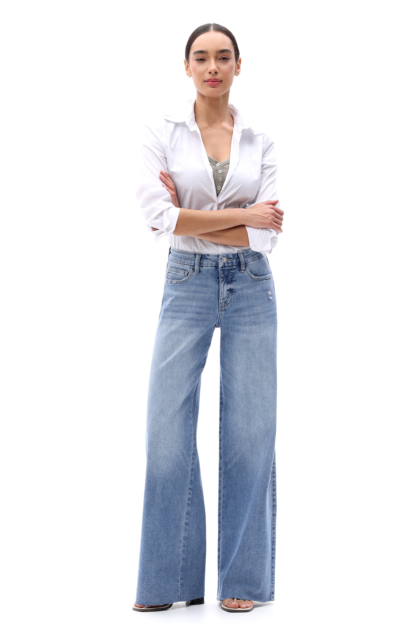 Mid Rise Wide Leg Jeans Raw Hem Vintage Denim OSW8019