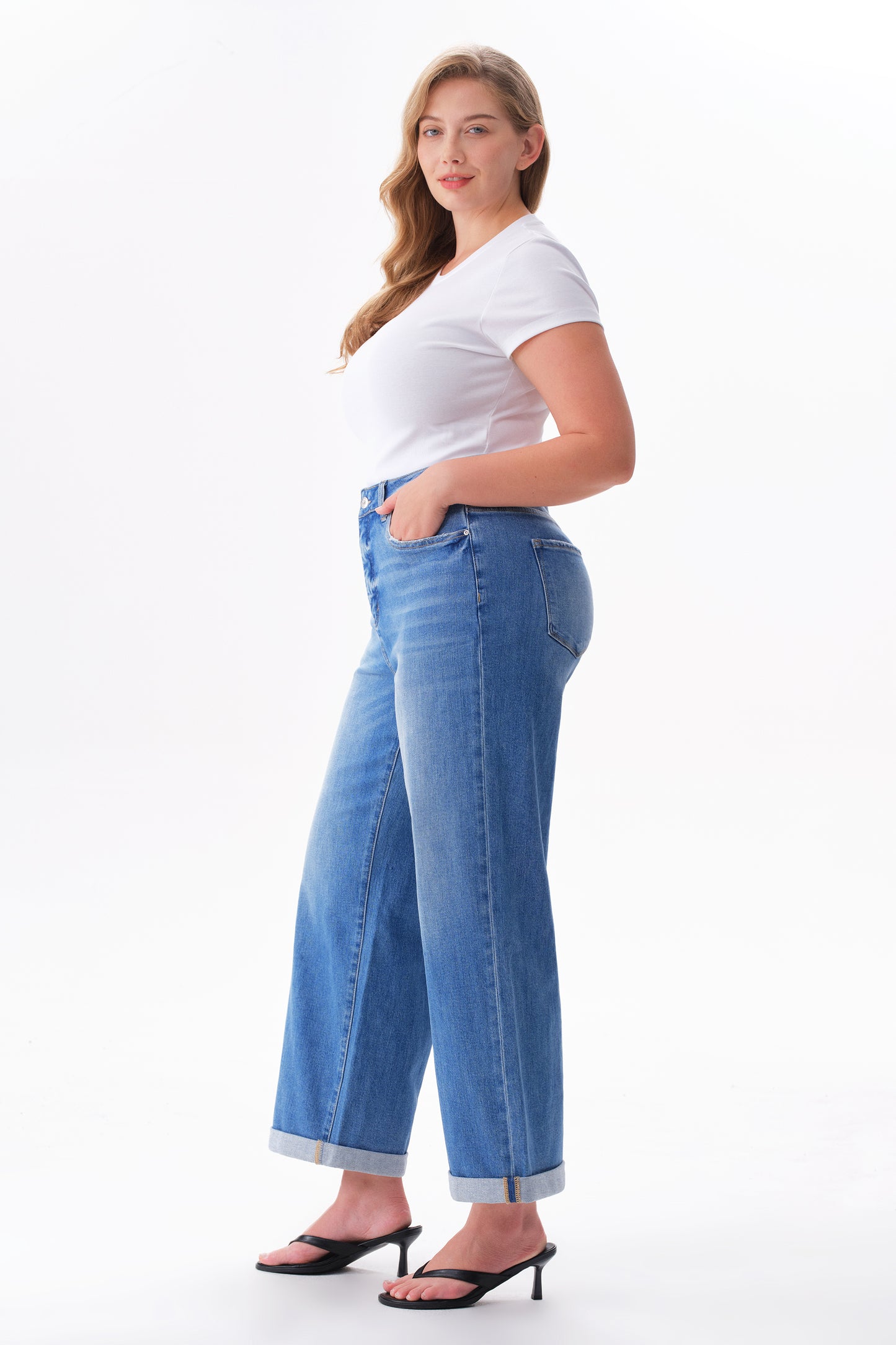 Plus Mid High Rise Cuffed Wide Leg Ankle Jeans ESFW620808-P