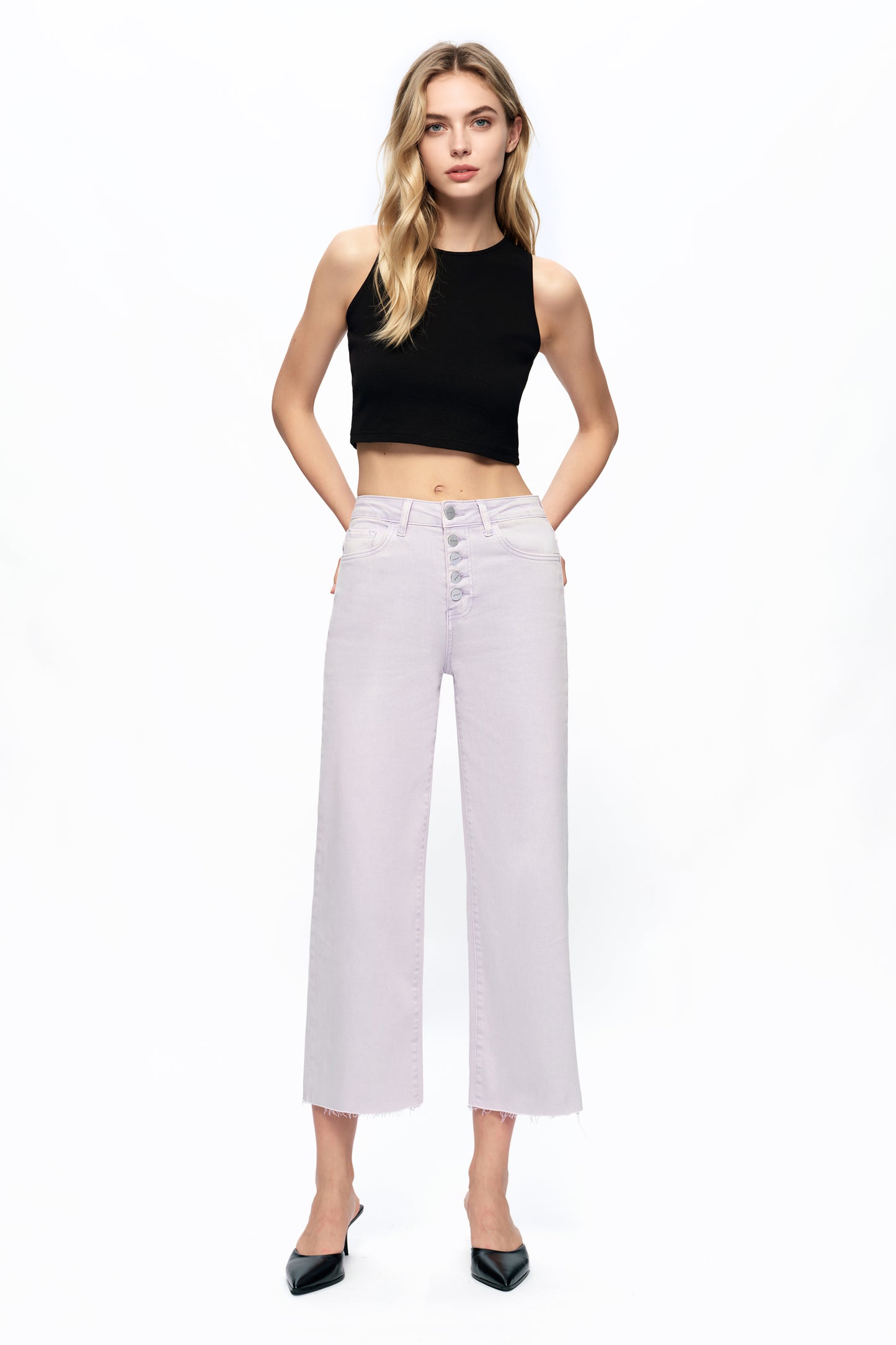 Cropped High Rise Wide Leg Jeans with Button-Fly Raw Hem OSN003