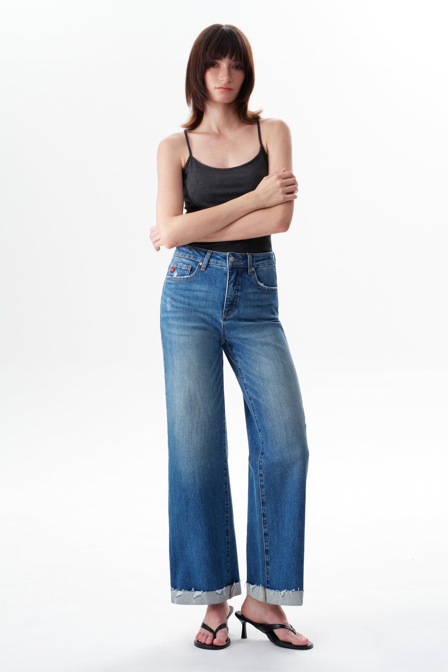 Mid High Rise Cuffed Flared Wide Leg Ankle Jeans ESFW620803