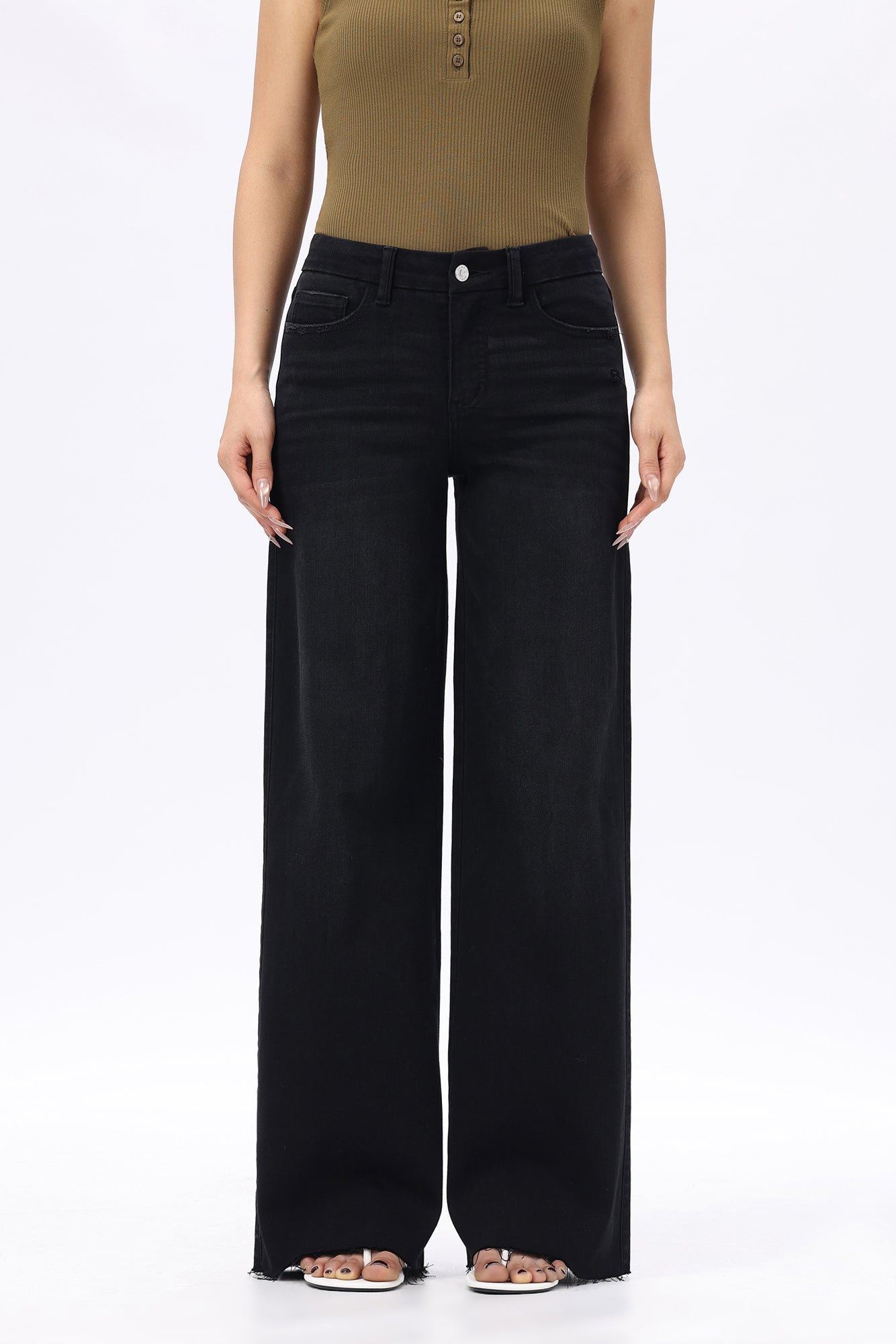 Mid Rise Wide Leg Jeans Raw Hem Vintage Denim OSW8019