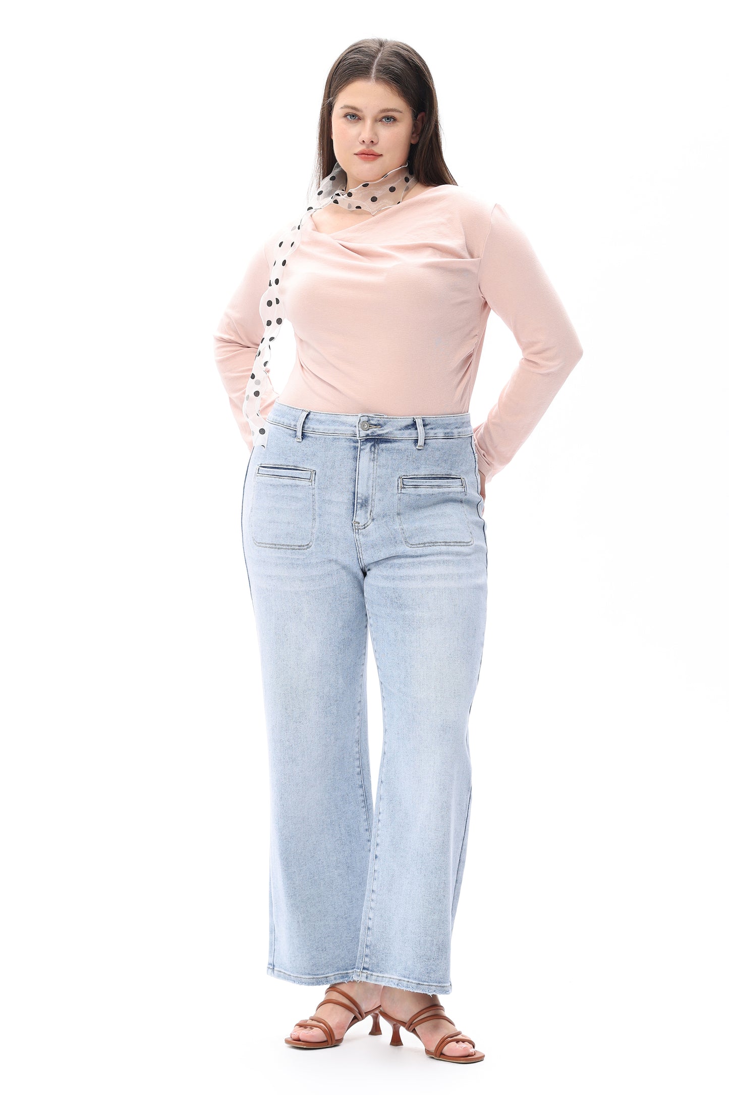 Plus Size High Rise Straight Jeans Front Patch Pockets OST5023-P