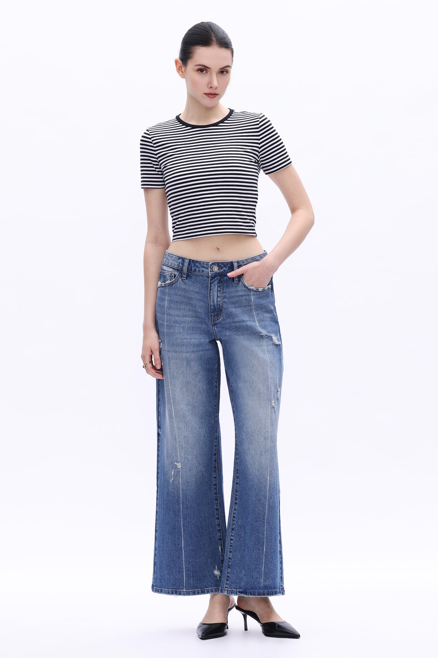 Low Rise Wide Leg  Distressed Jeans OSW8014