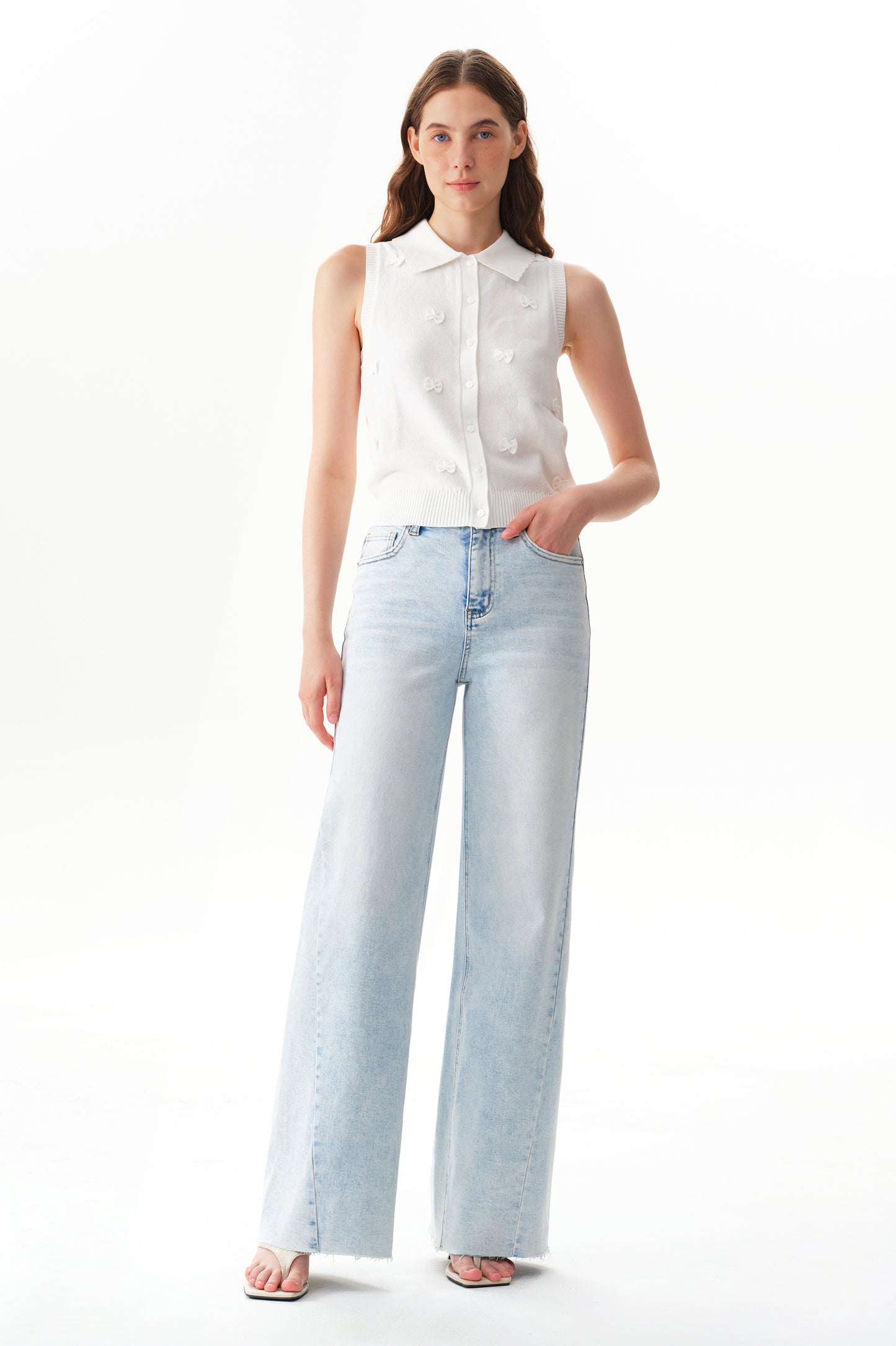 Flattering Soft Faded Wash High Rise Wide Leg Denim Jeans OSW8185