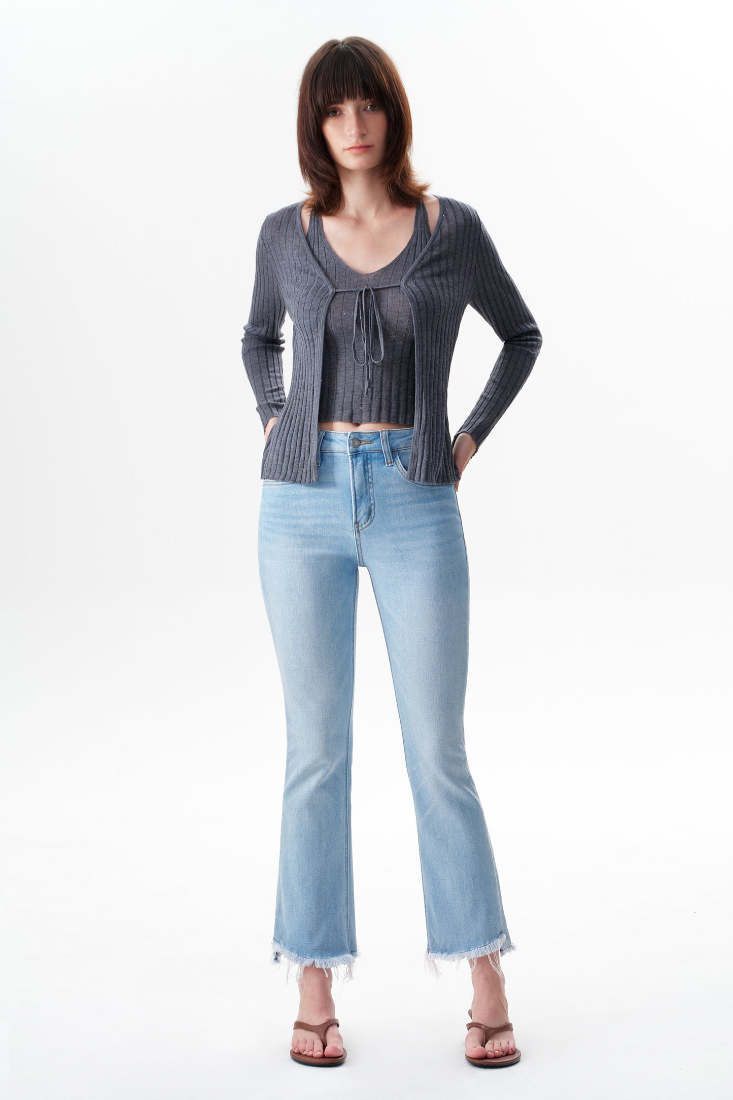 Mid Rise Raw Frayed Hem Ankle Bootcut Jeans OSF1142