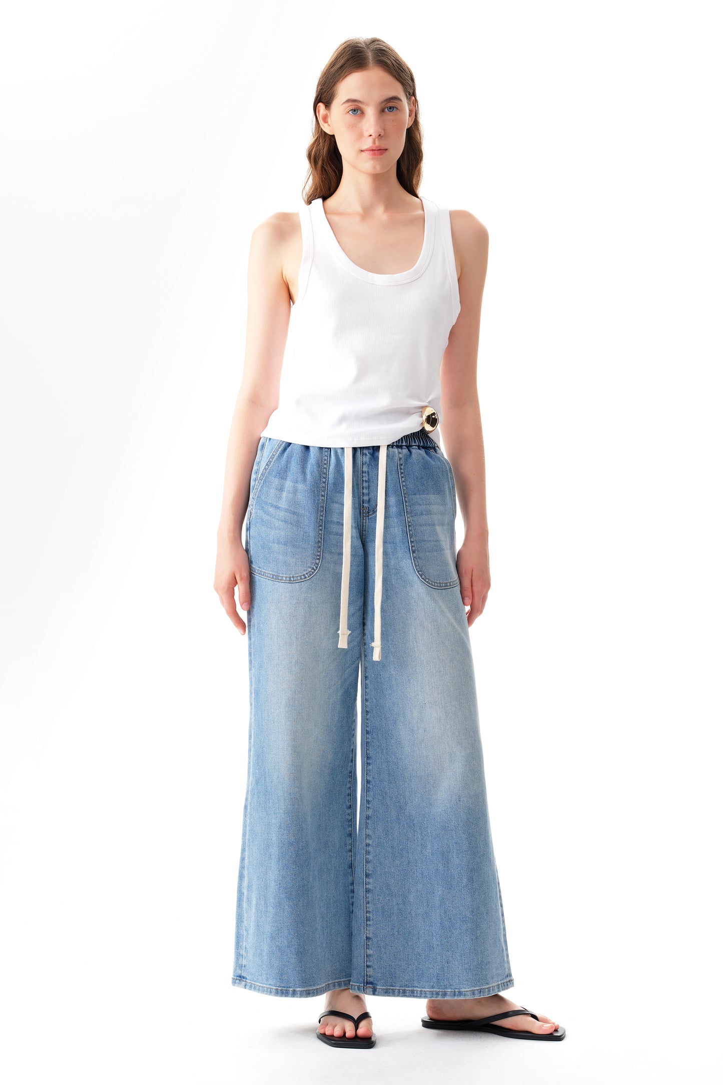 High Rise Drawstring Wide Leg Denim Jeans OSGG001