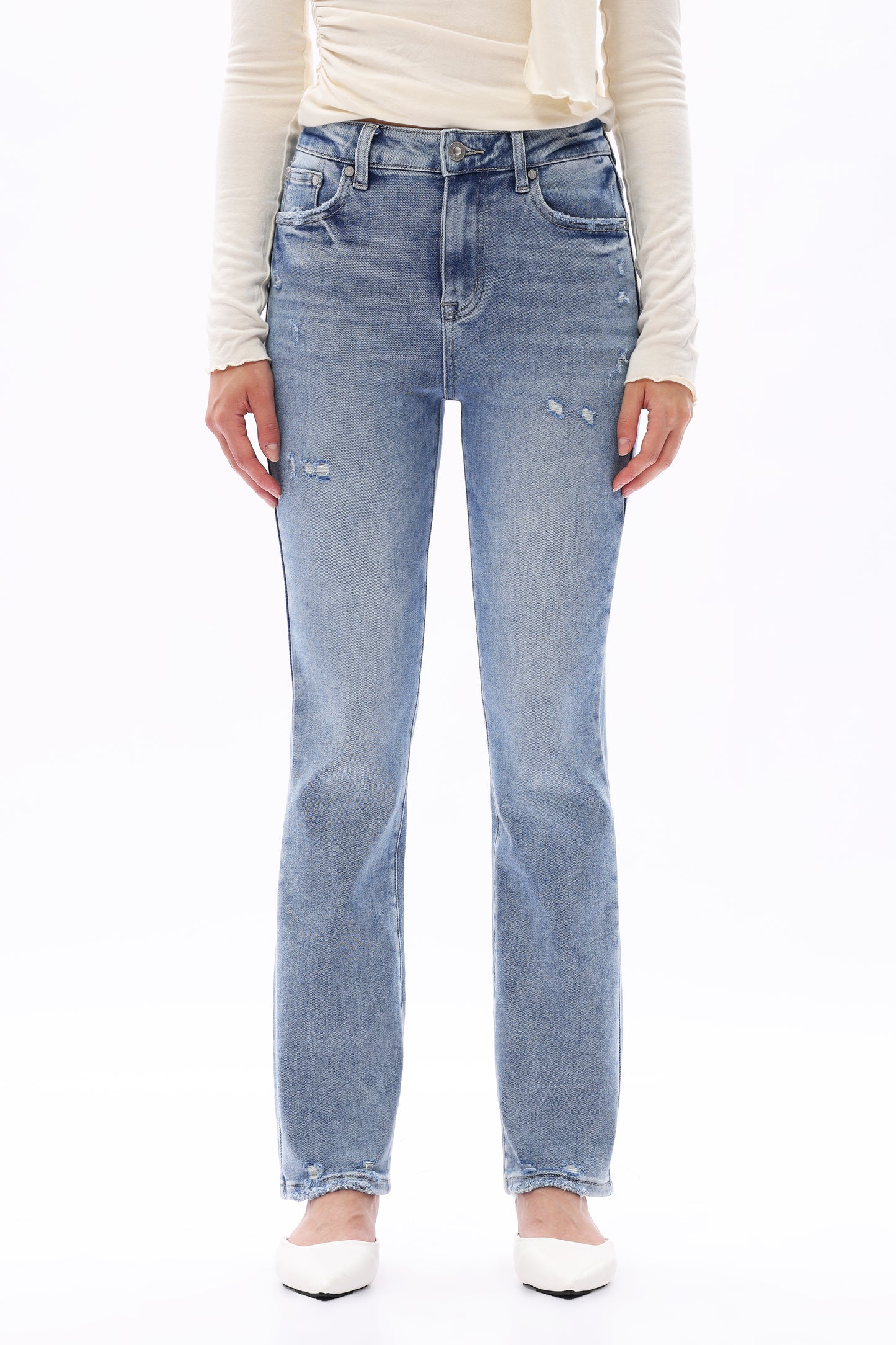 High Rise Straight Leg  Distressed Jeans OST5027