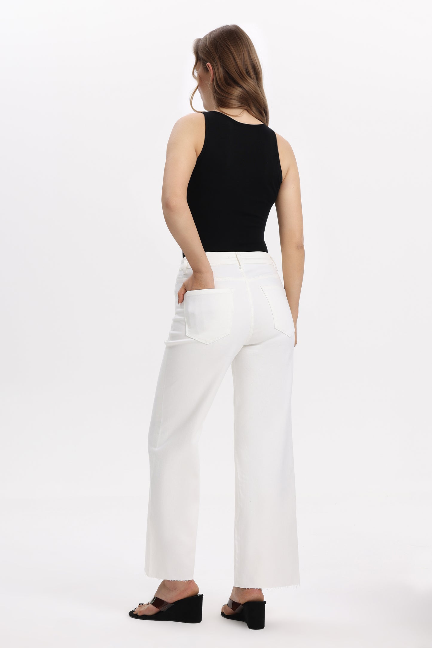 Cropped High Rise Wide Leg Jeans with Button-Fly Raw Hem OSN003