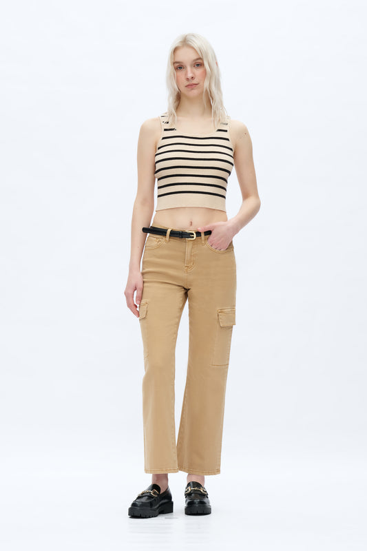 HIGH RISE WIDE LEG CARGO JEANS WITH PATCH POCKET OSWM8007