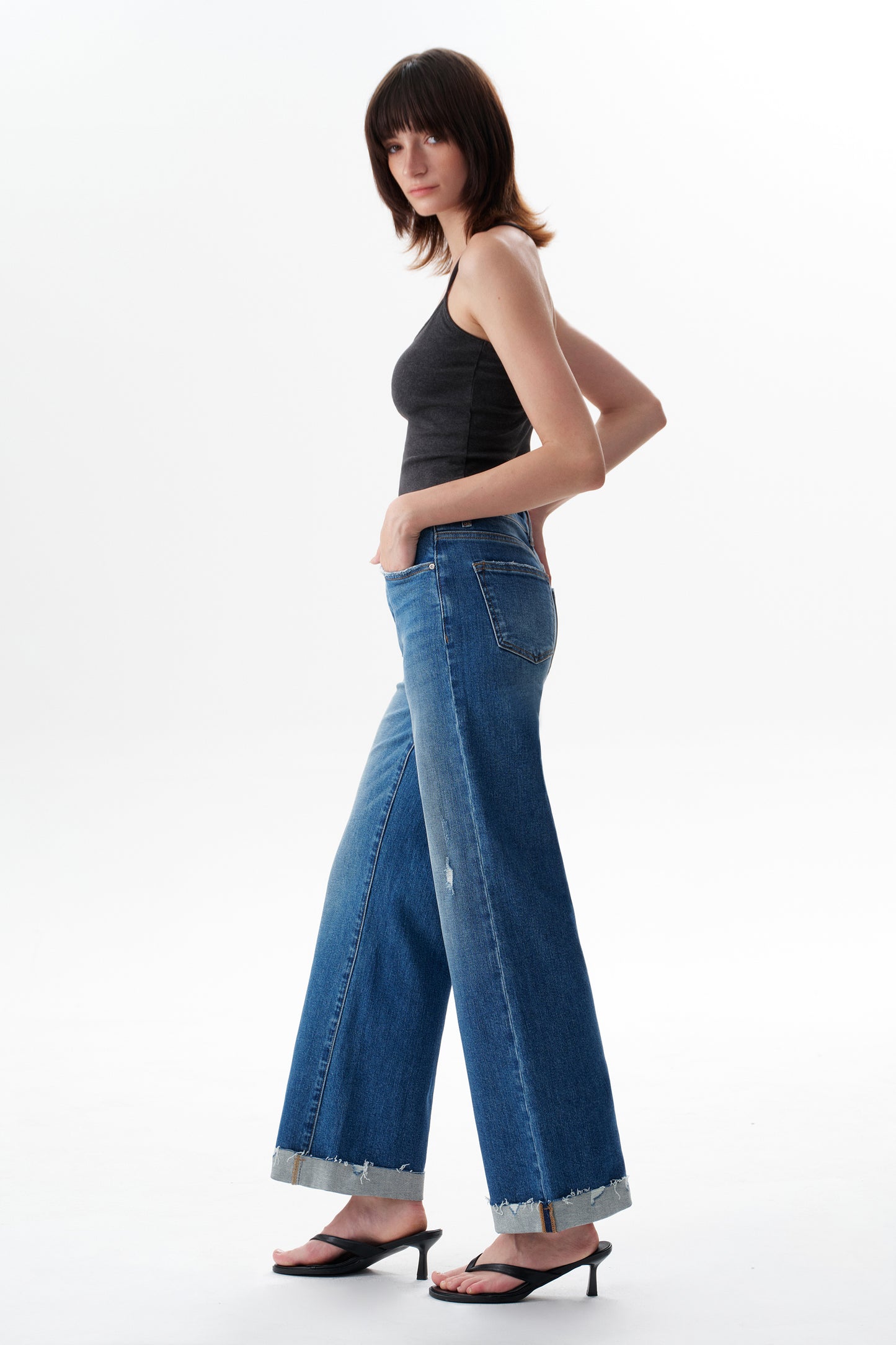 Mid High Rise Cuffed Flared Wide Leg Ankle Jeans ESFW620803