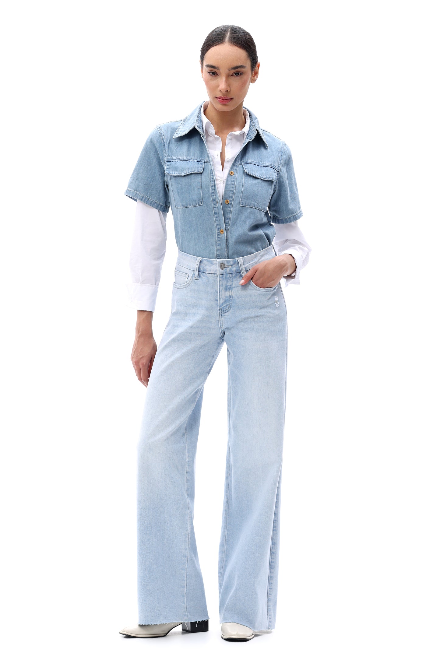 Mid Rise Wide Leg Jeans Raw Hem Vintage Denim OSW8019