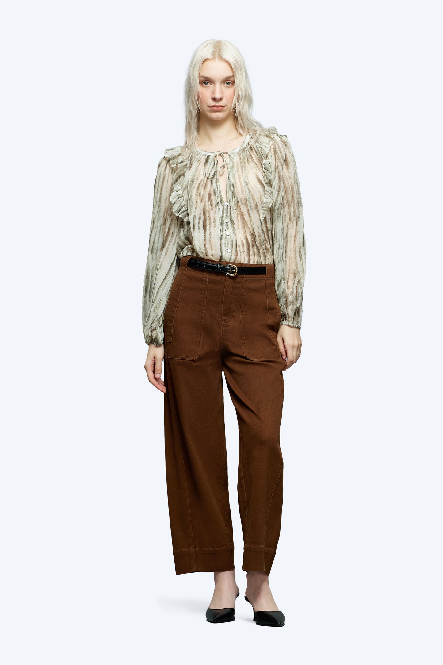 HIGH WAISTED BARREL LOOSE FIT PANTS WITH SIDE POCKET OSOX006 BROWN