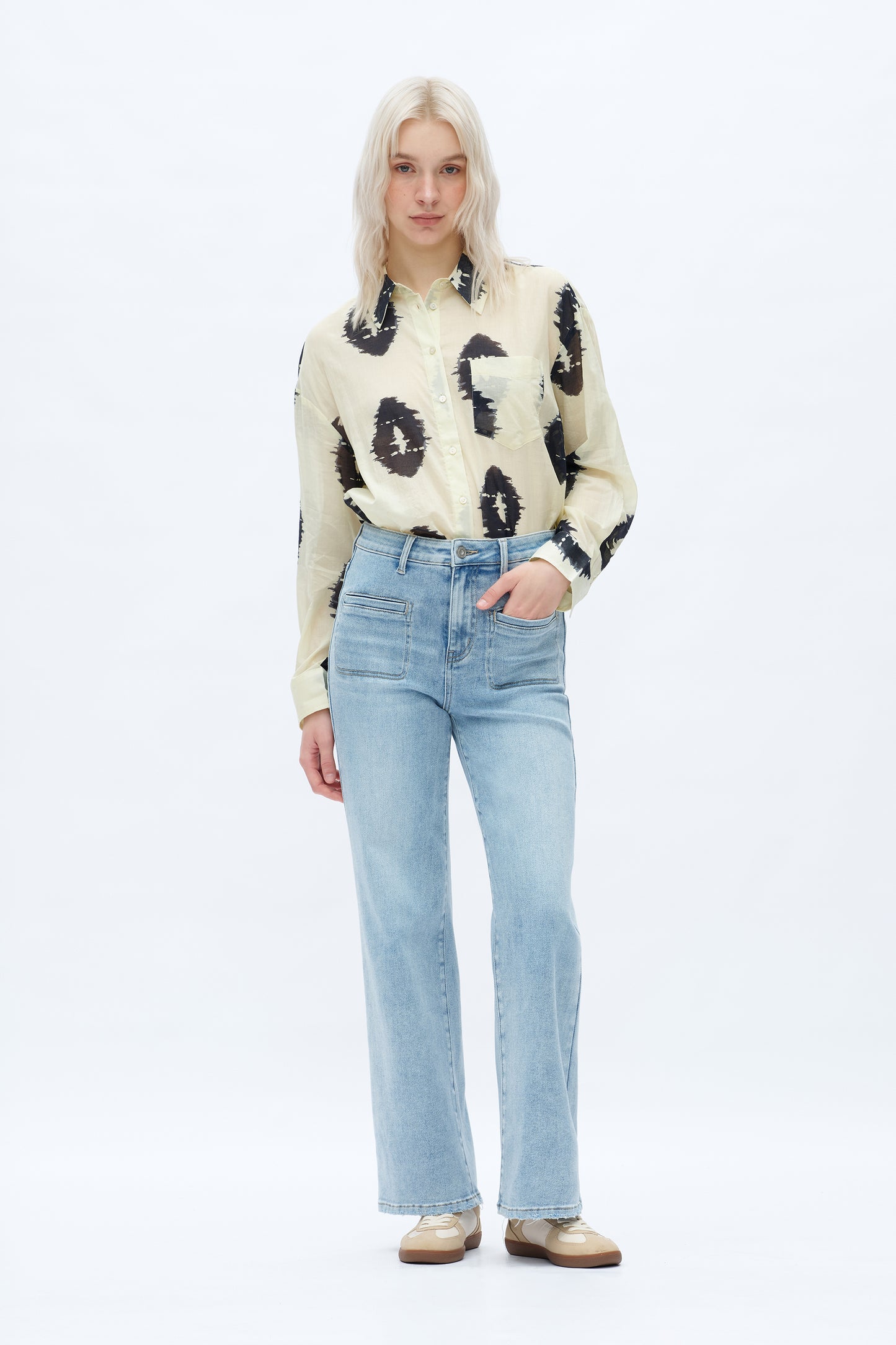 High Rise Straight Jeans Front Patch Pockets OST5023