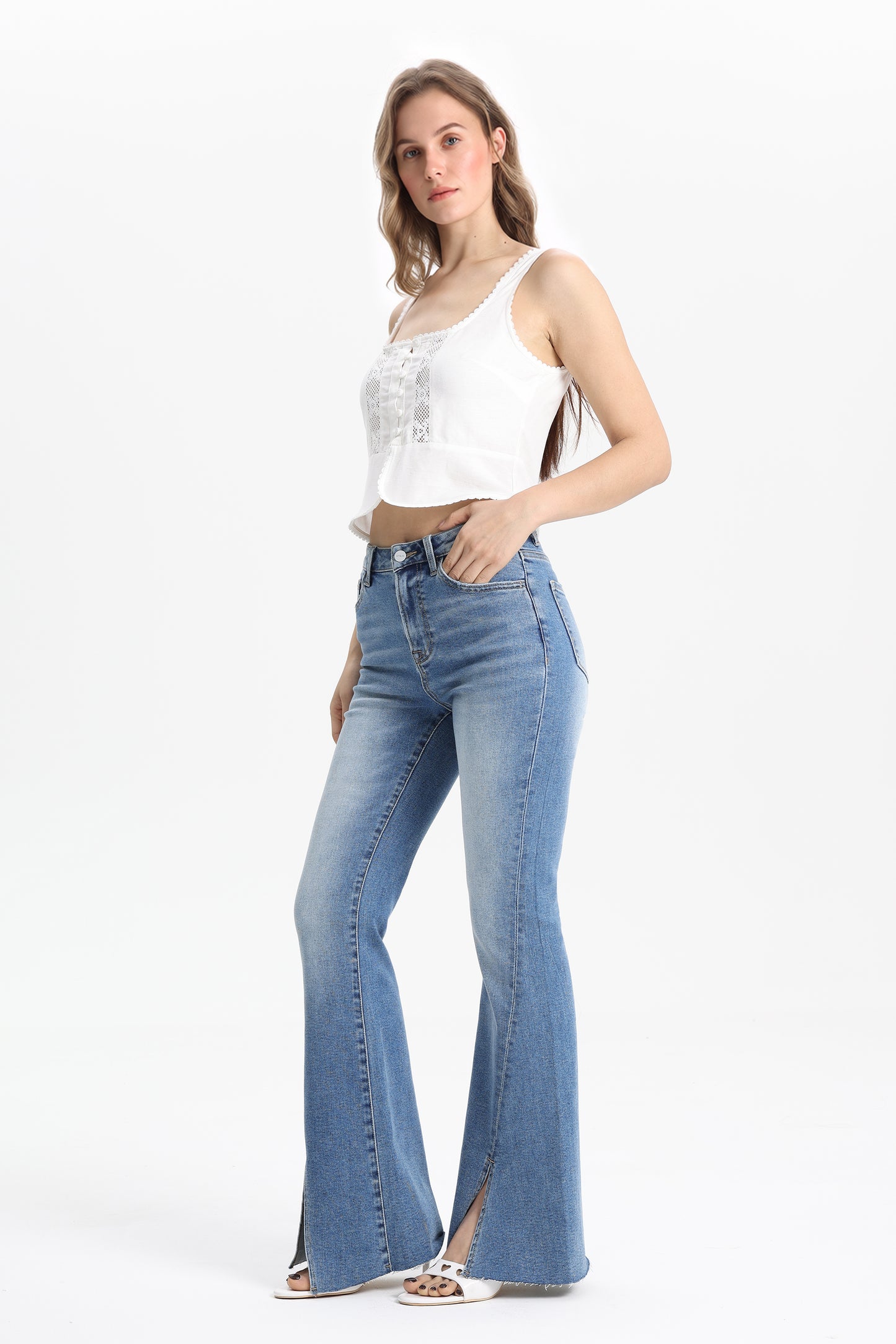 High Rise Flare Jeans with Split Raw-Edge Cuffs OSF1100