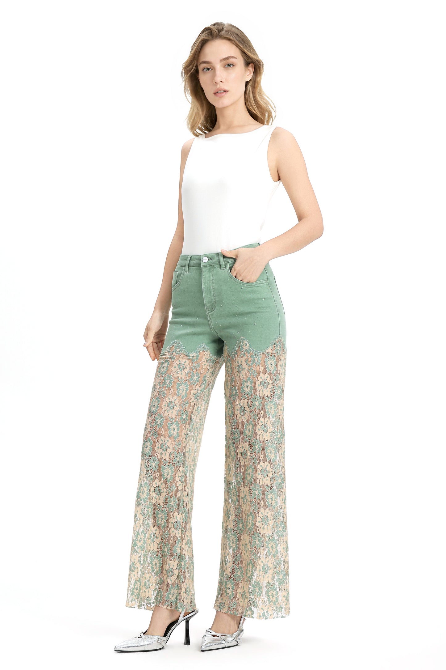 High Rise Lace Pants with Rhinestone OSW8027