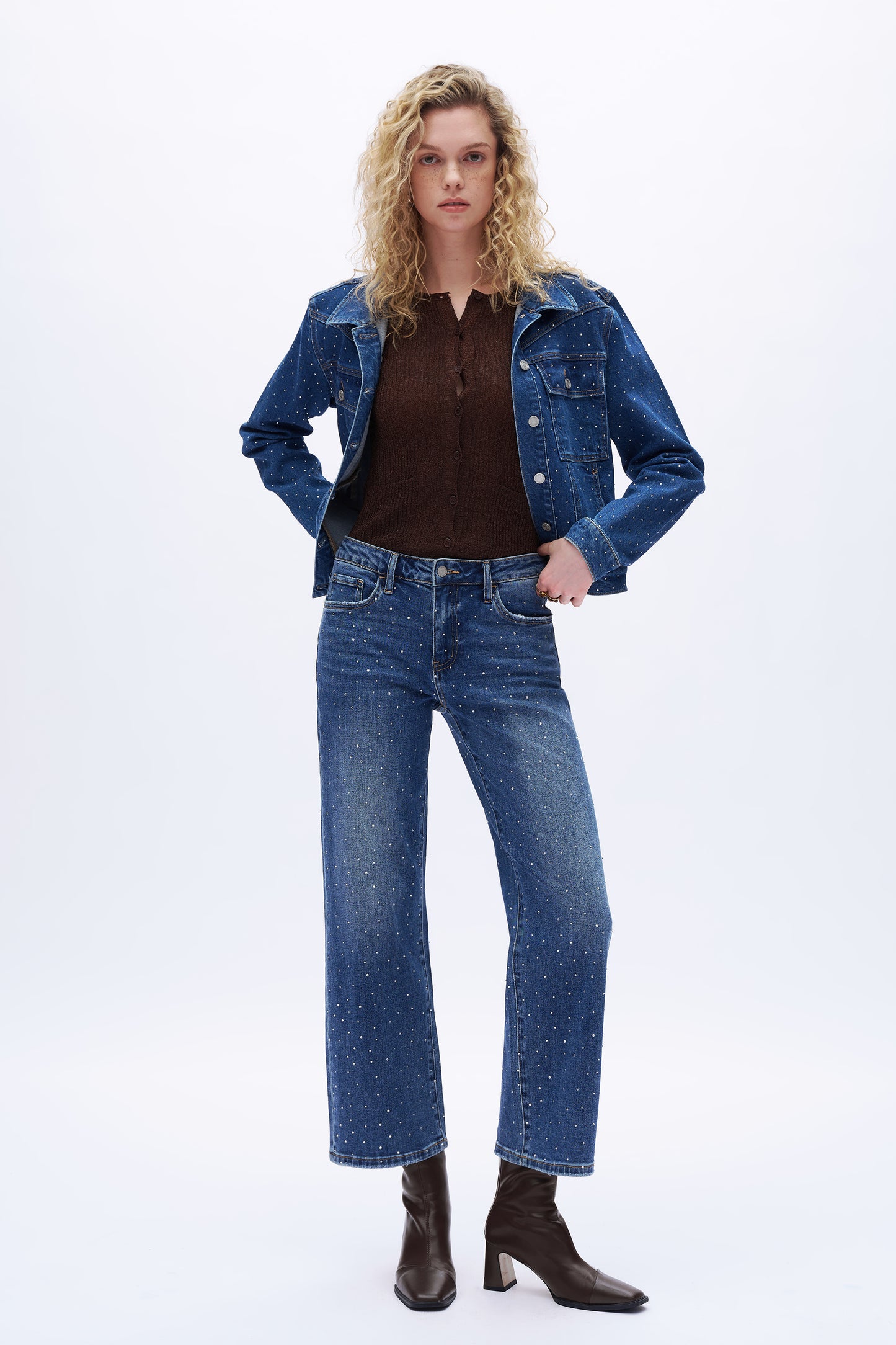 High Rise Rhinestone Wide Leg Jeans OSWM8008
