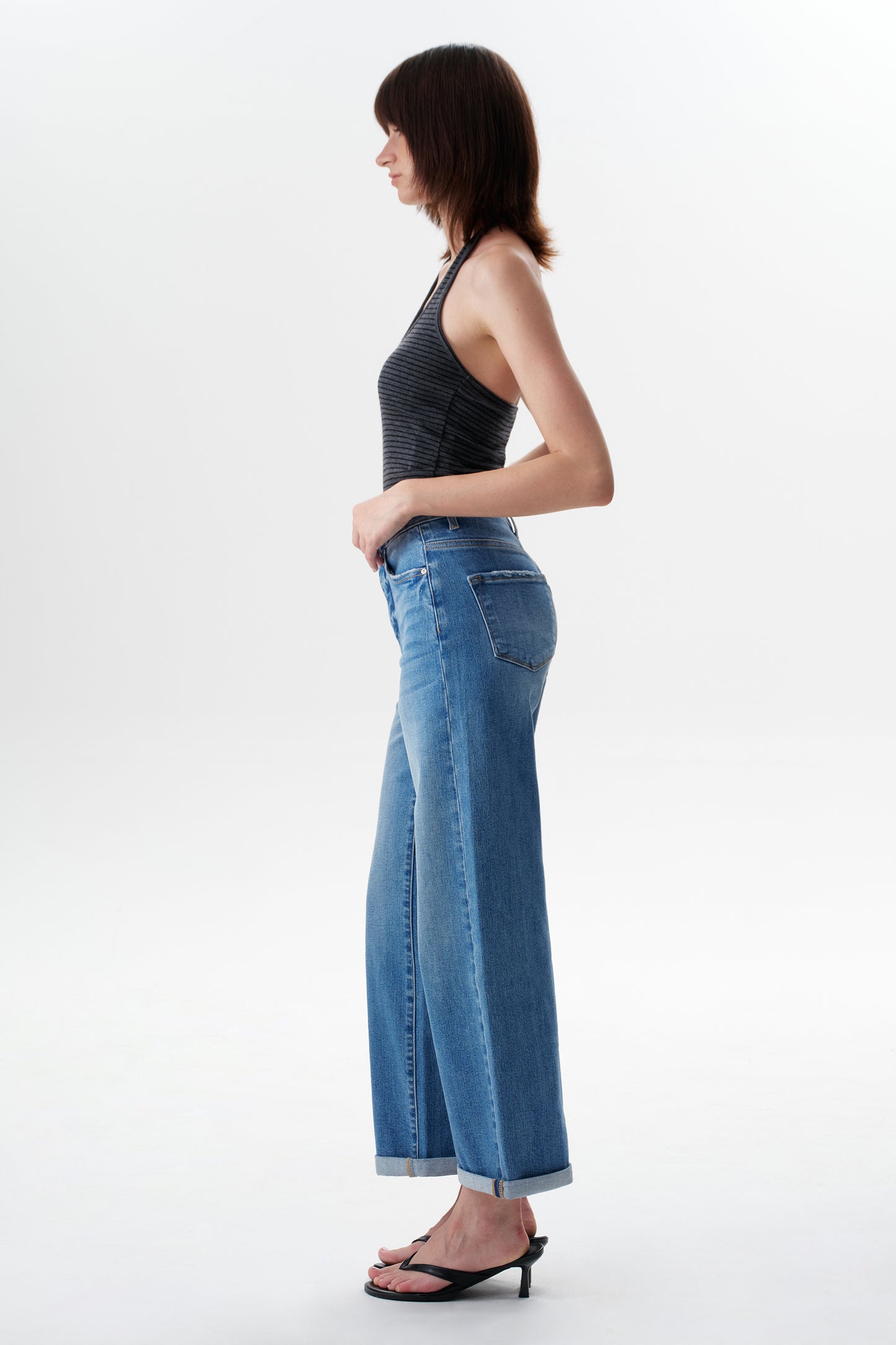 Mid High Rise Cuffed Wide Leg Ankle Jeans ESFW620808