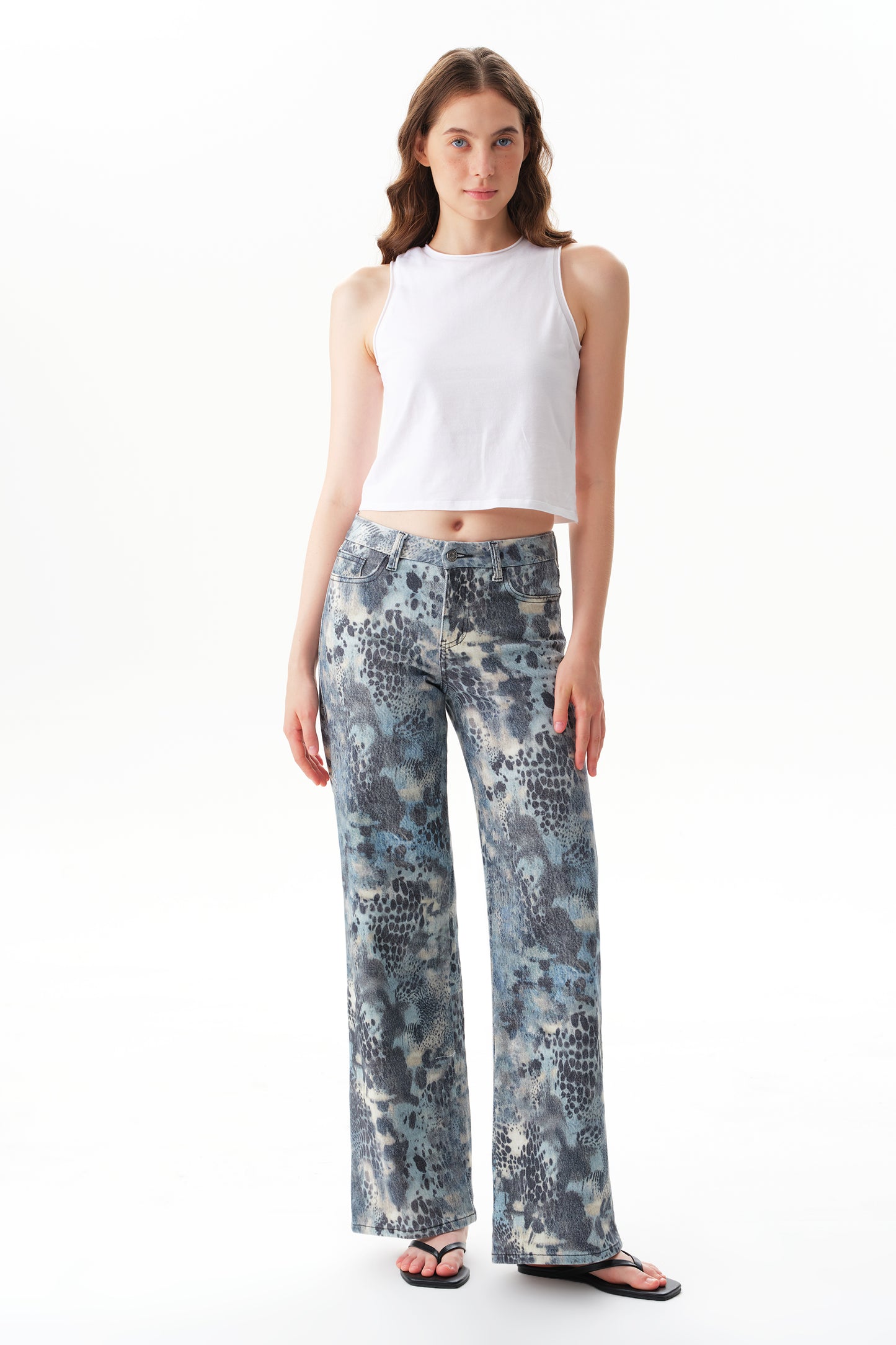 Mid Rise Wide Leg Jeans Raw Hem Vintage Denim OSW8019