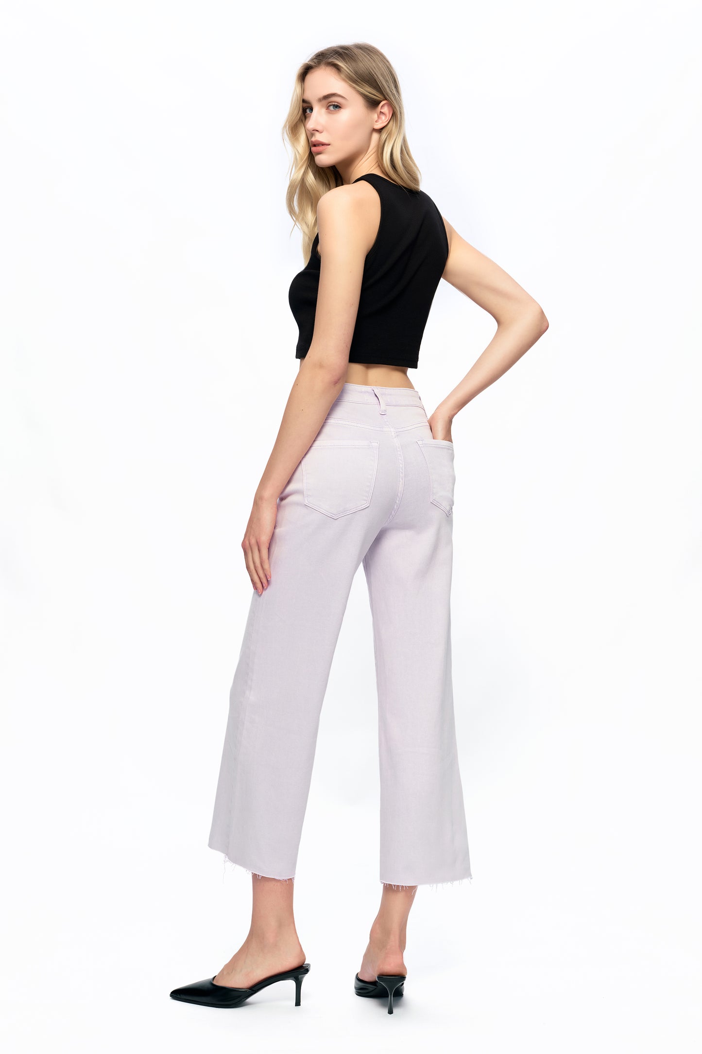 Cropped High Rise Wide Leg Jeans with Button-Fly Raw Hem OSN003