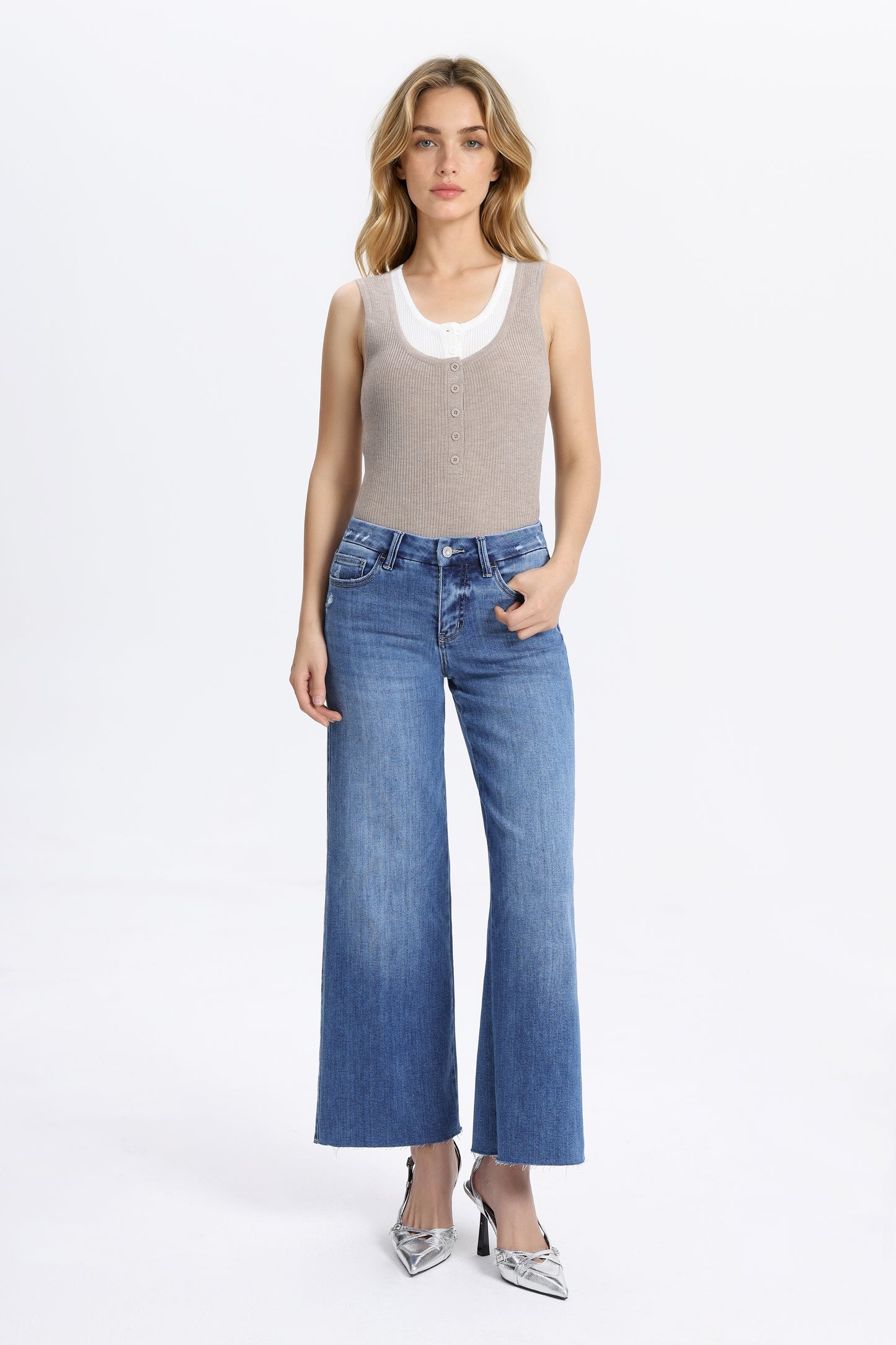 Mid Rise Wide Leg Petite Denim Jeans OSW8019-SP