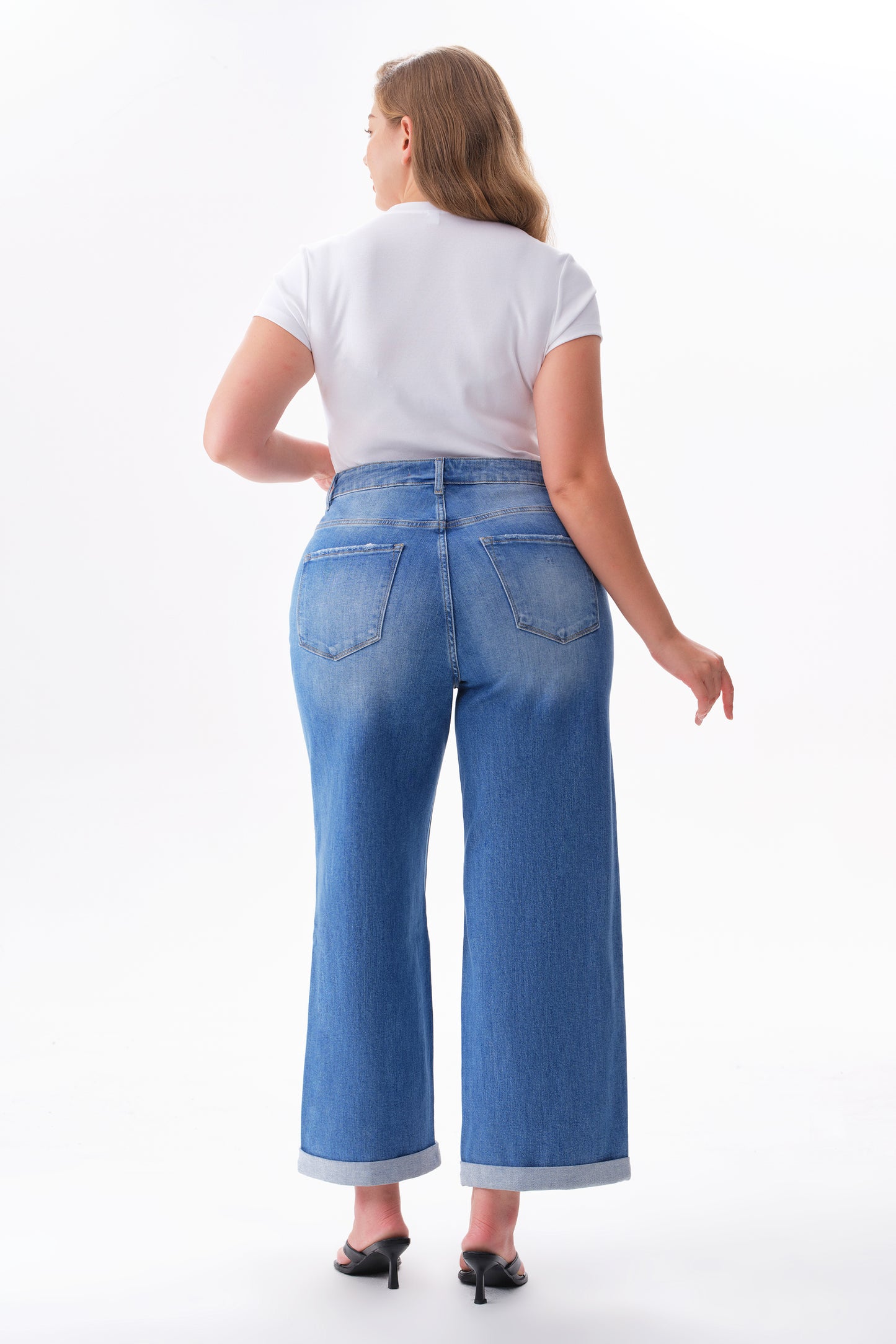 Plus Mid High Rise Cuffed Wide Leg Ankle Jeans ESFW620808-P