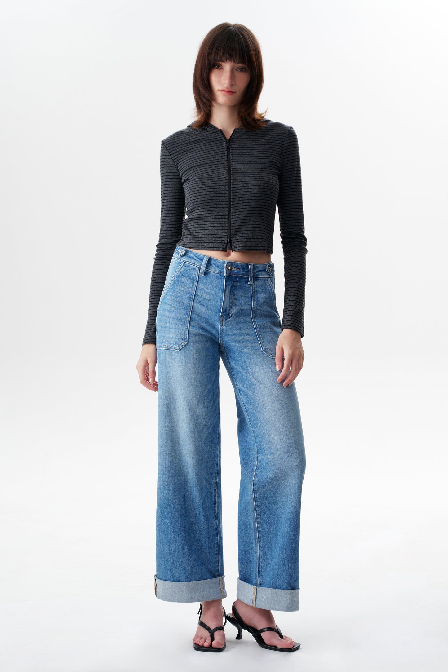 Mid High Rise Cuffed Baggy Wide Leg Full Jeans ESFW620839