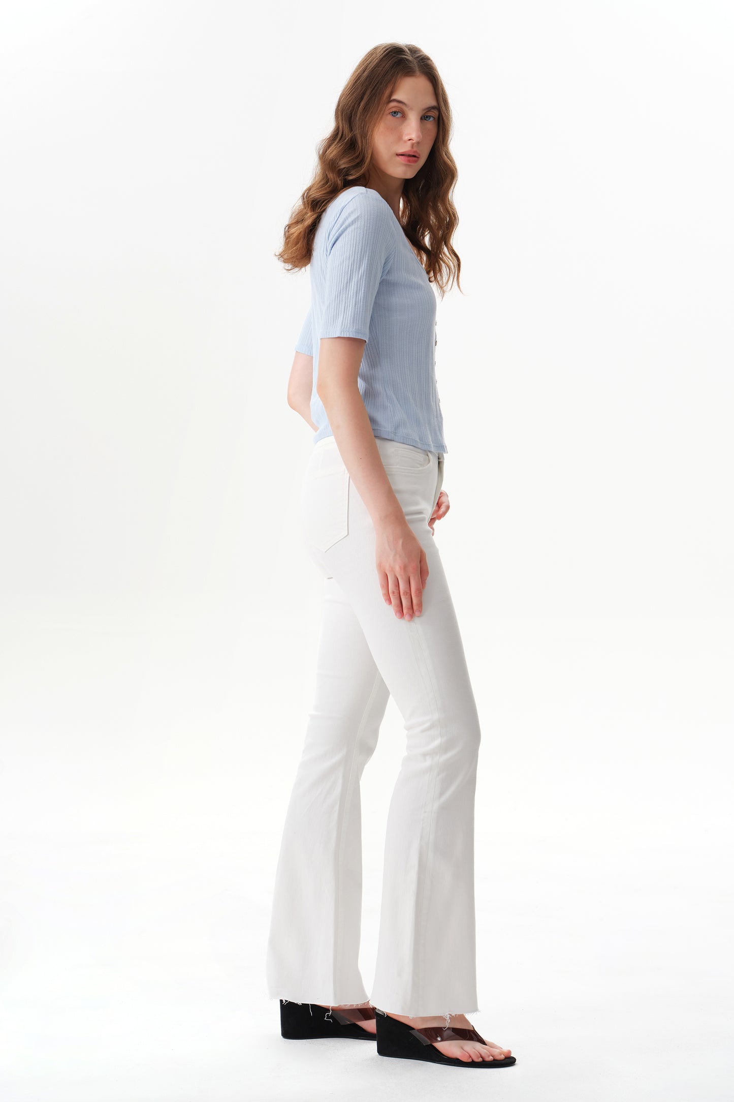Button Fly High Waist Flare Bell Bottom Jeans OSF1078