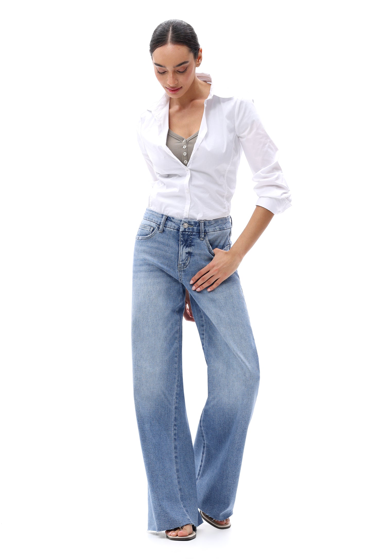 Mid Rise Wide Leg Jeans Raw Hem Vintage Denim OSW8019