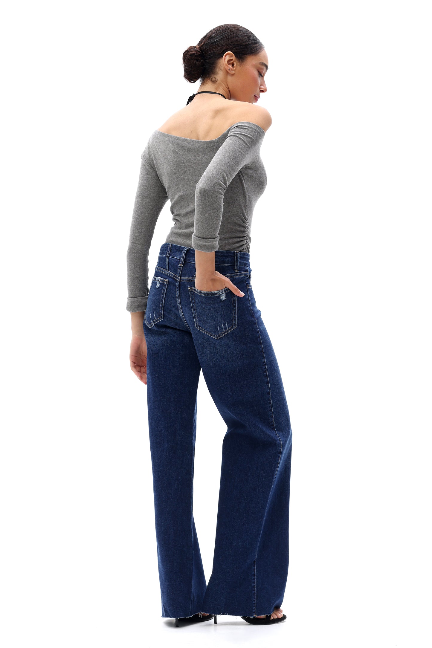 Mid Rise Wide Leg Jeans Raw Hem Vintage Denim OSW8019