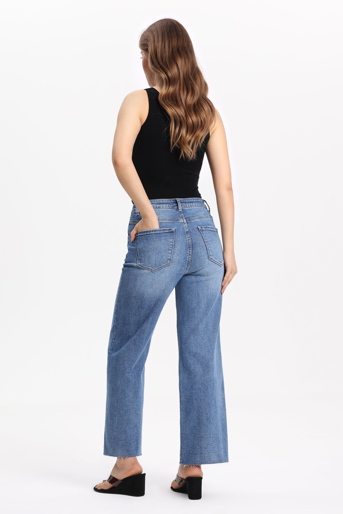 Cropped High Rise Wide Leg Jeans with Button-Fly Raw Hem OSN003