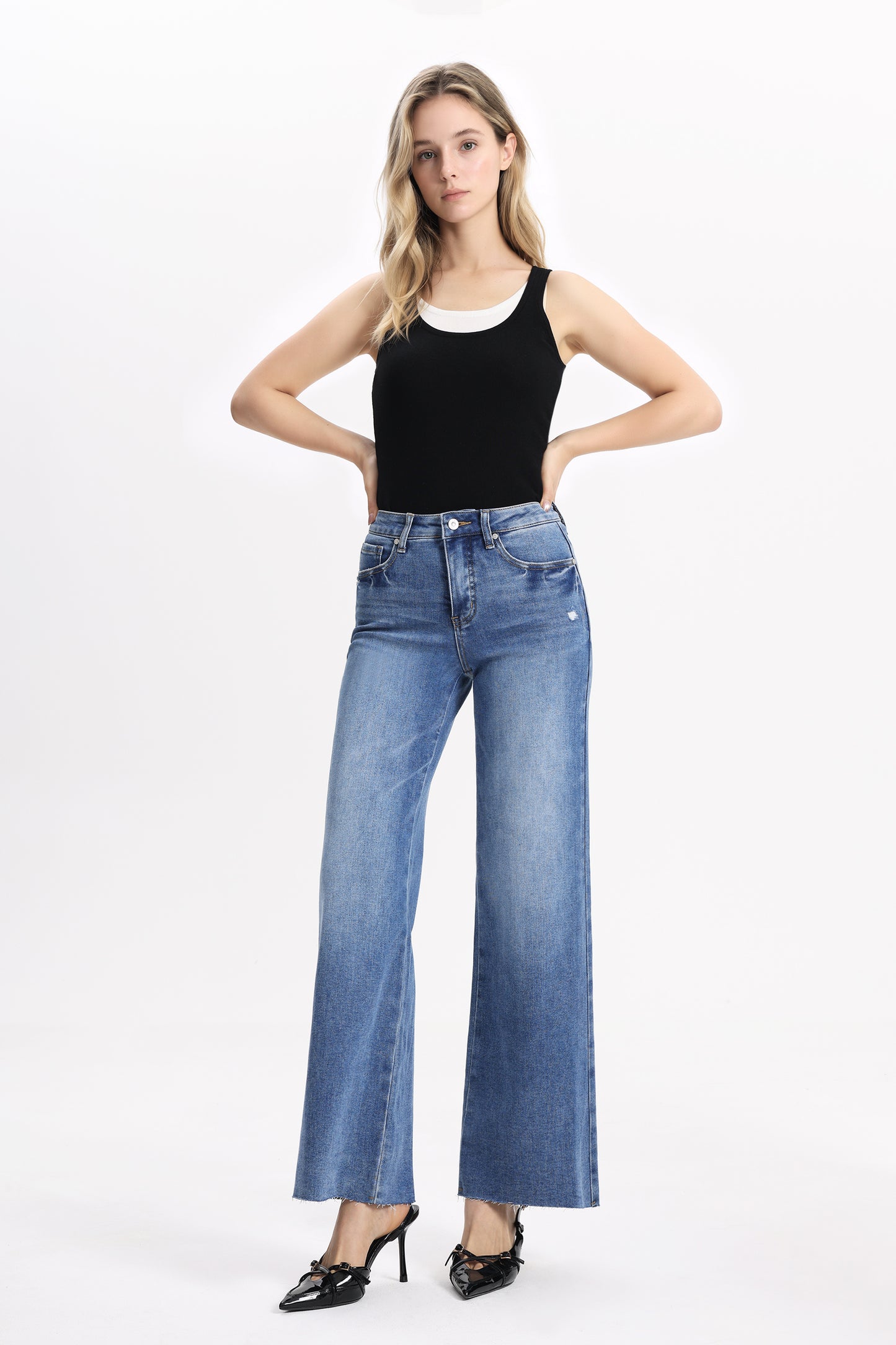 Distressed Mid Rise Wide Leg Denim Jeans OSW8028EC