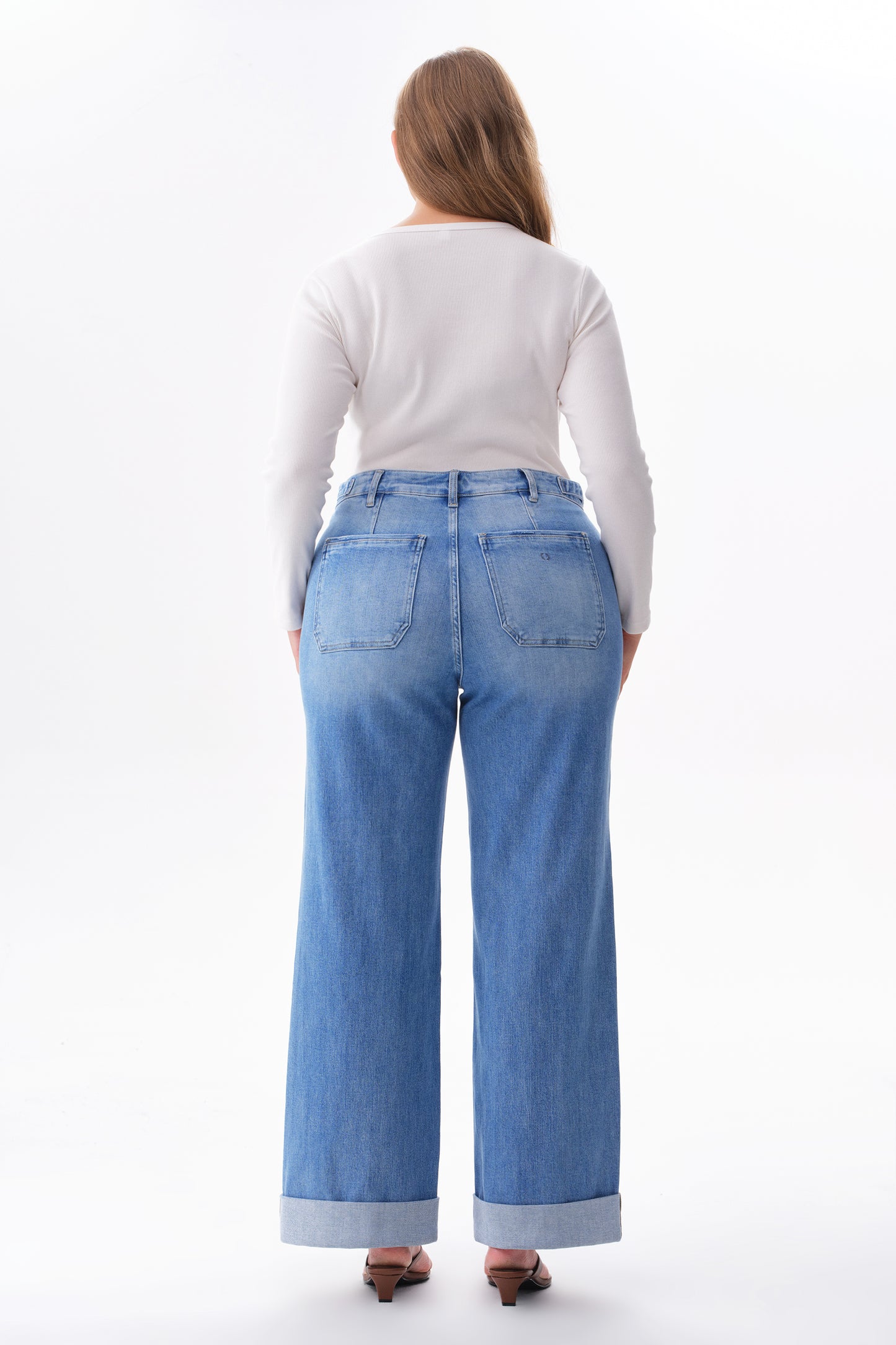 Plus Mid High Rise Cuffed Baggy Wide Leg Full Jeans ESFW620839-P