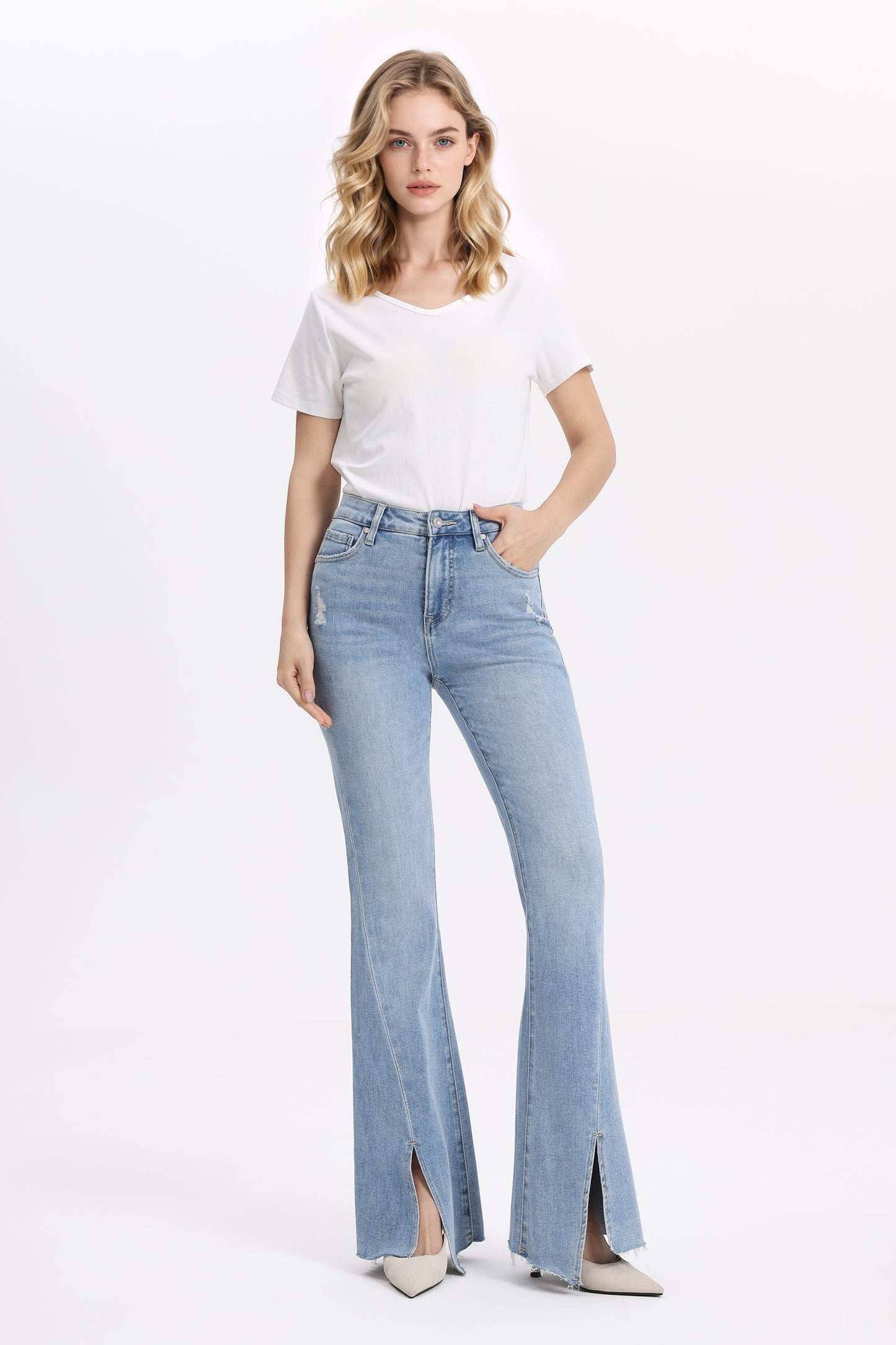Front Hem Slit High Rise Flare Denim Jeans OSF1145EC