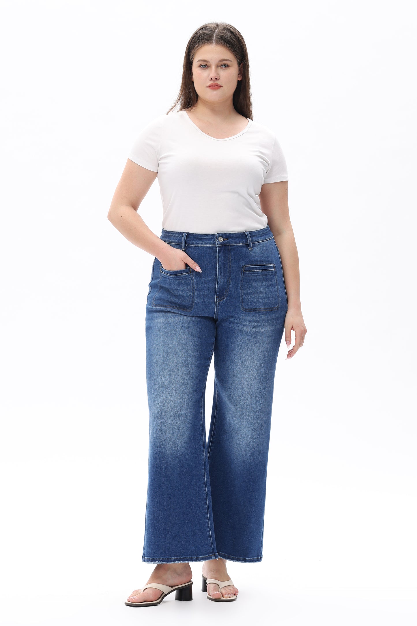 Plus Size High Rise Straight Jeans Front Patch Pockets OST5023-P