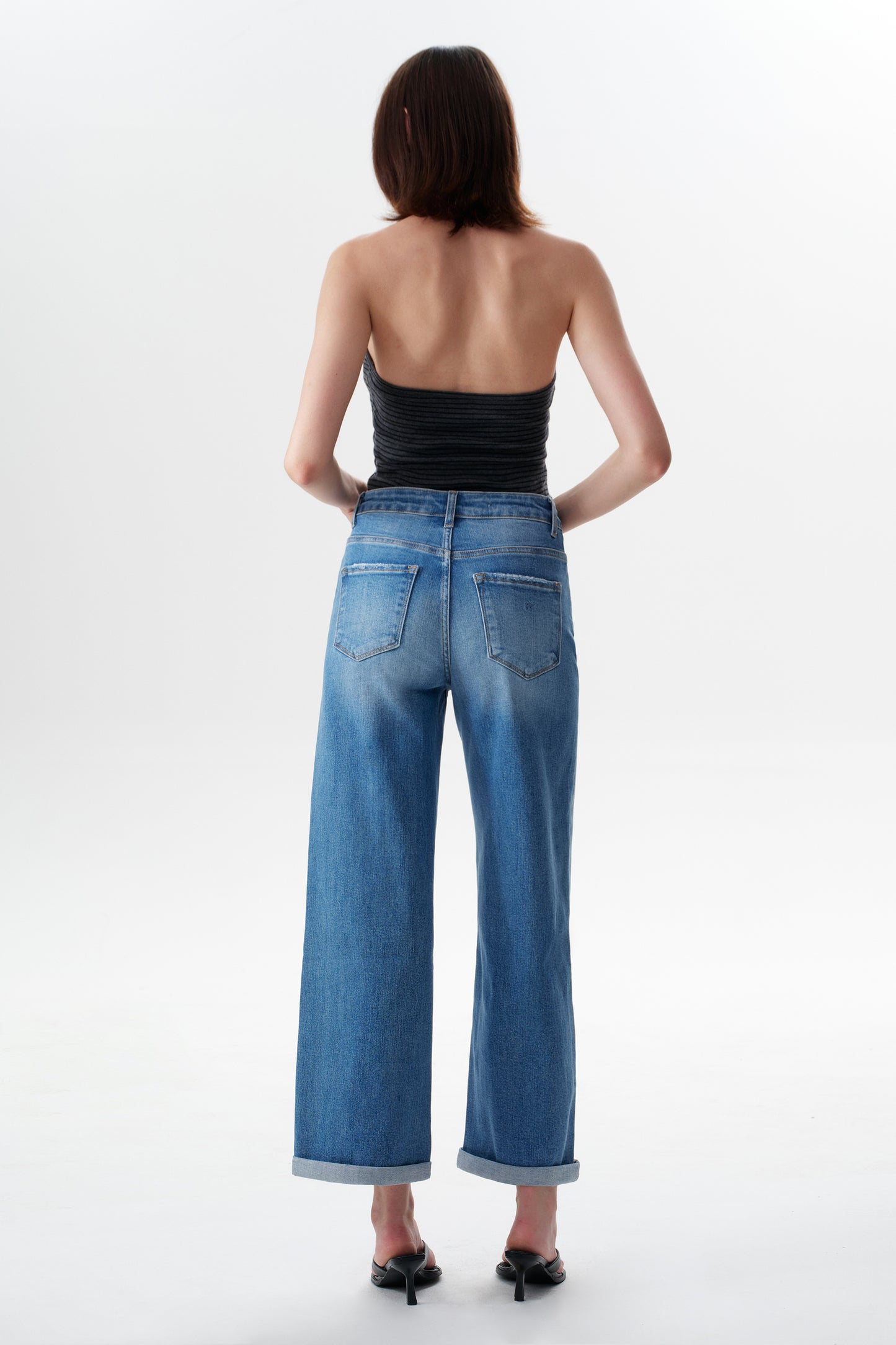 Mid High Rise Cuffed Wide Leg Ankle Jeans ESFW620808