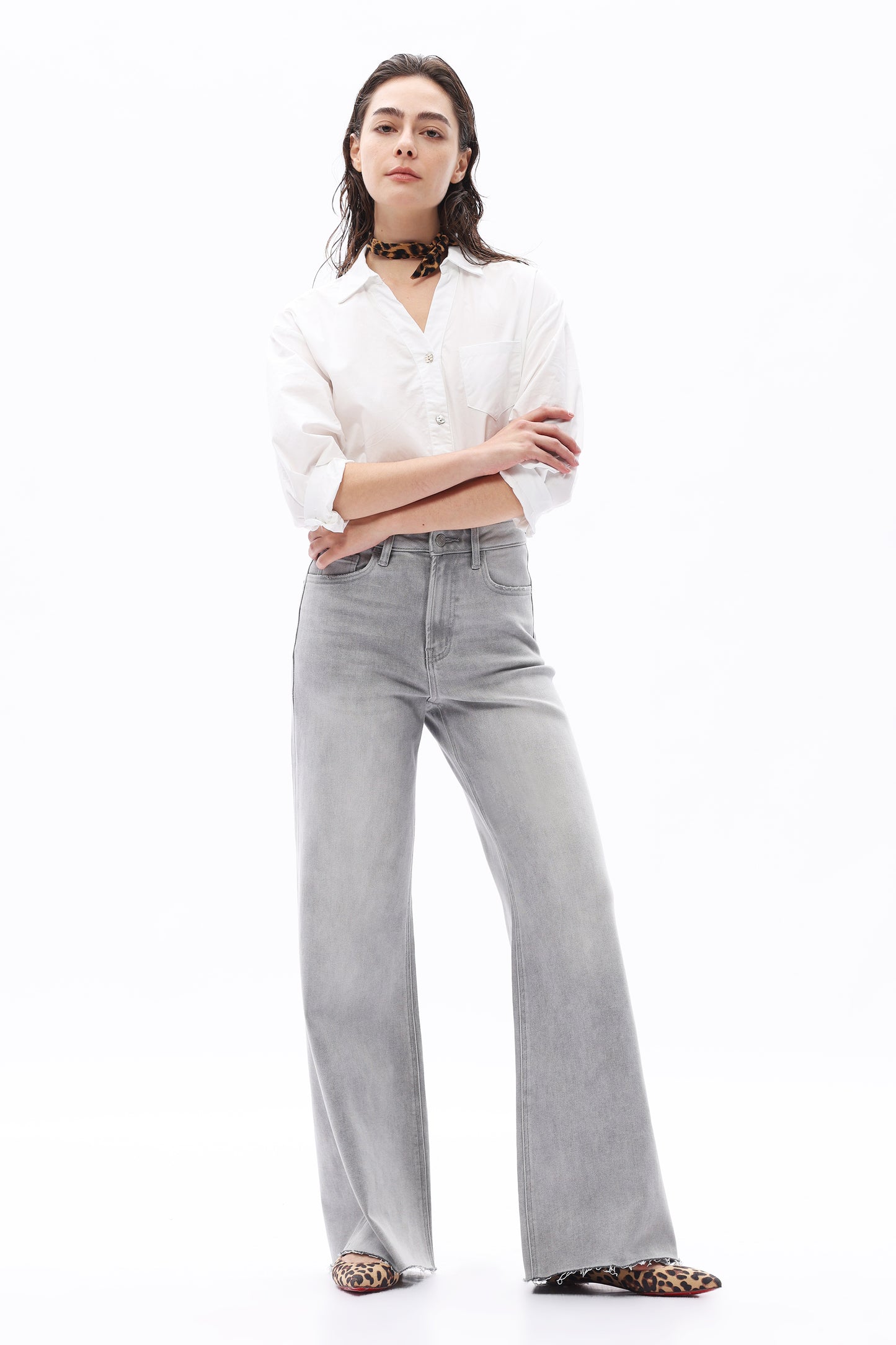 SUPER HIGH RISE WIDE LEG FRAYED HEM DENIM JEANS OSW8101-1 STONE GRAY