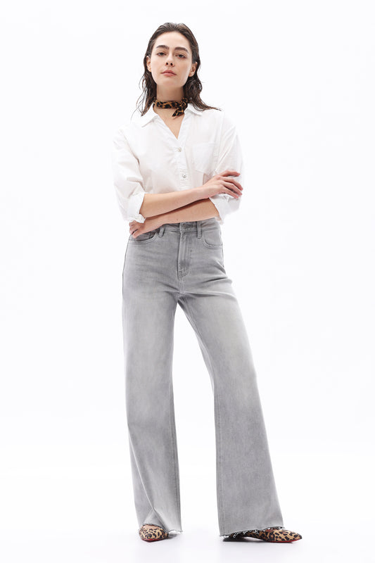 SUPER HIGH RISE WIDE LEG FRAYED HEM DENIM JEANS OSW8101-1 STONE GRAY