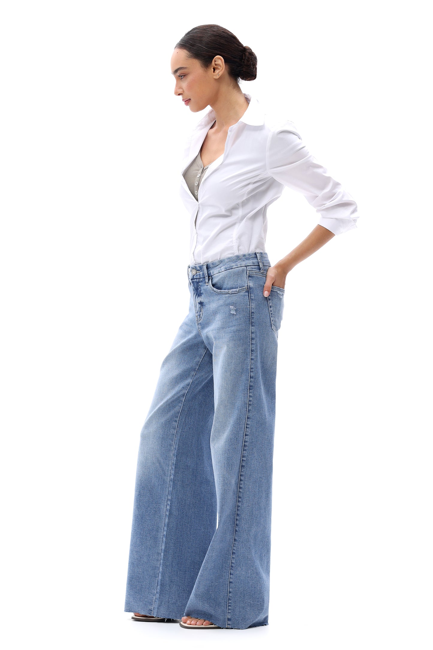 Mid Rise Wide Leg Jeans Raw Hem Vintage Denim OSW8019