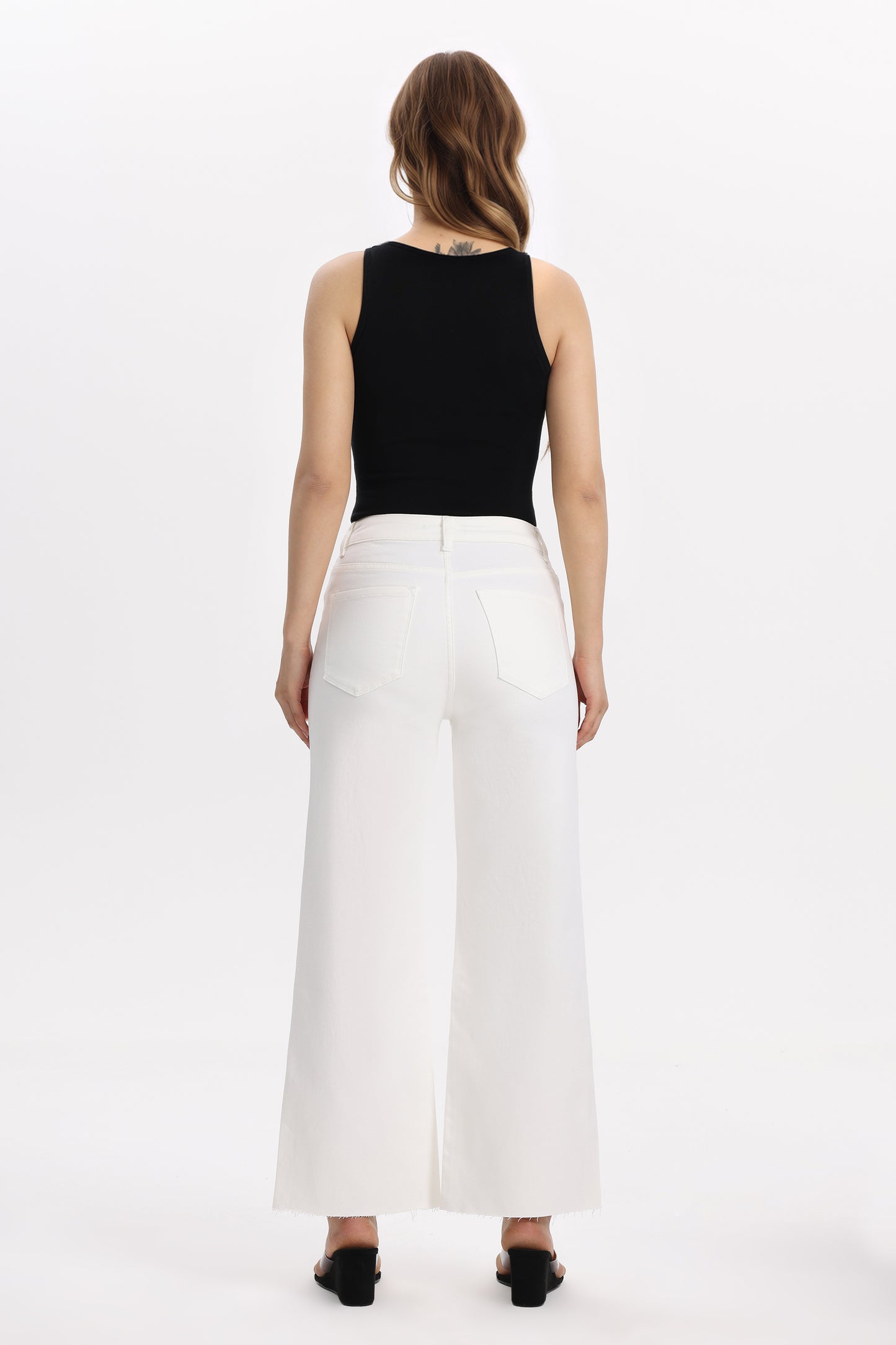 Cropped High Rise Wide Leg Jeans with Button-Fly Raw Hem OSN003