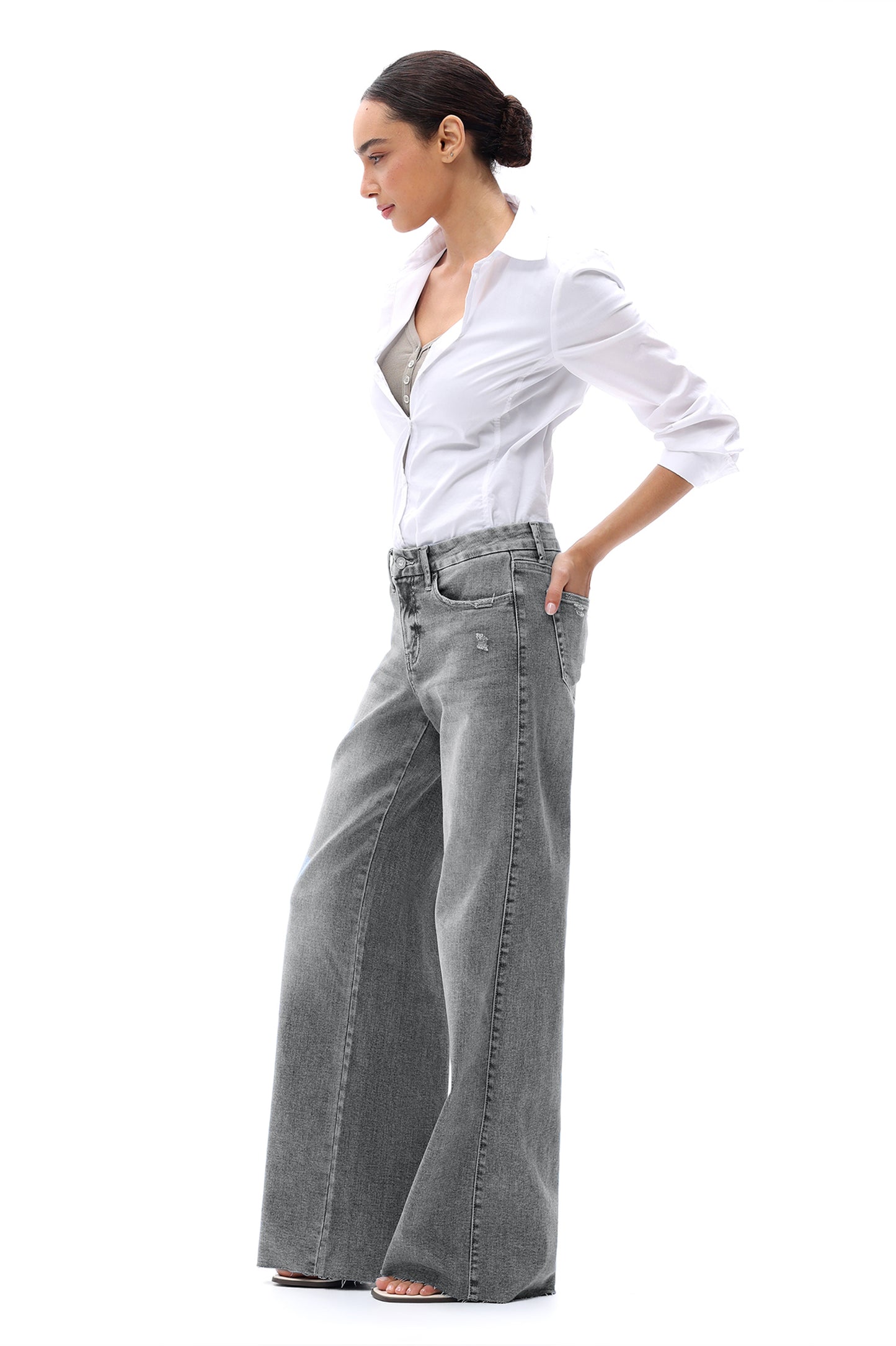 Mid Rise Wide Leg Jeans Raw Hem Vintage Denim OSW8019