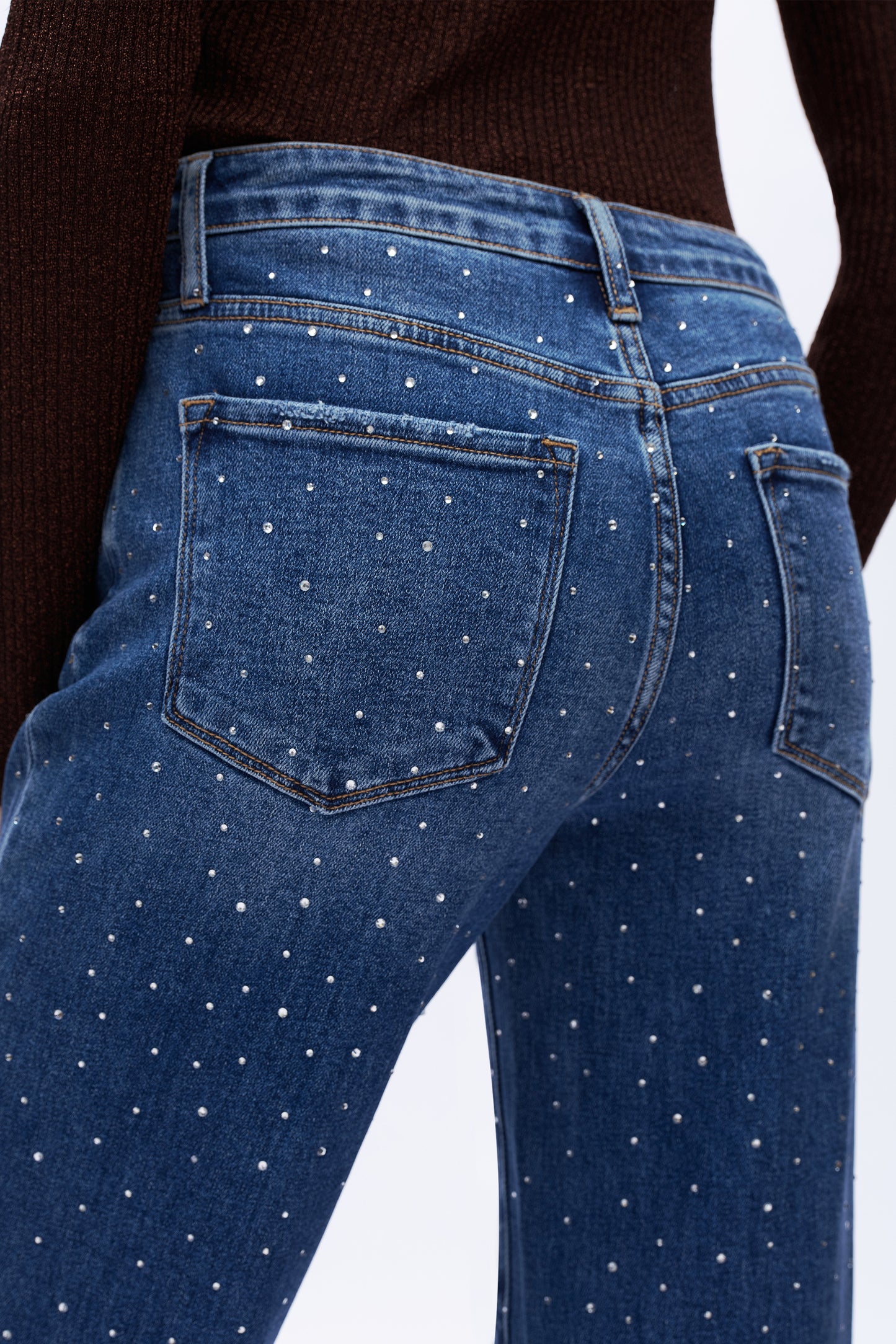 High Rise Rhinestone Wide Leg Jeans OSWM8008