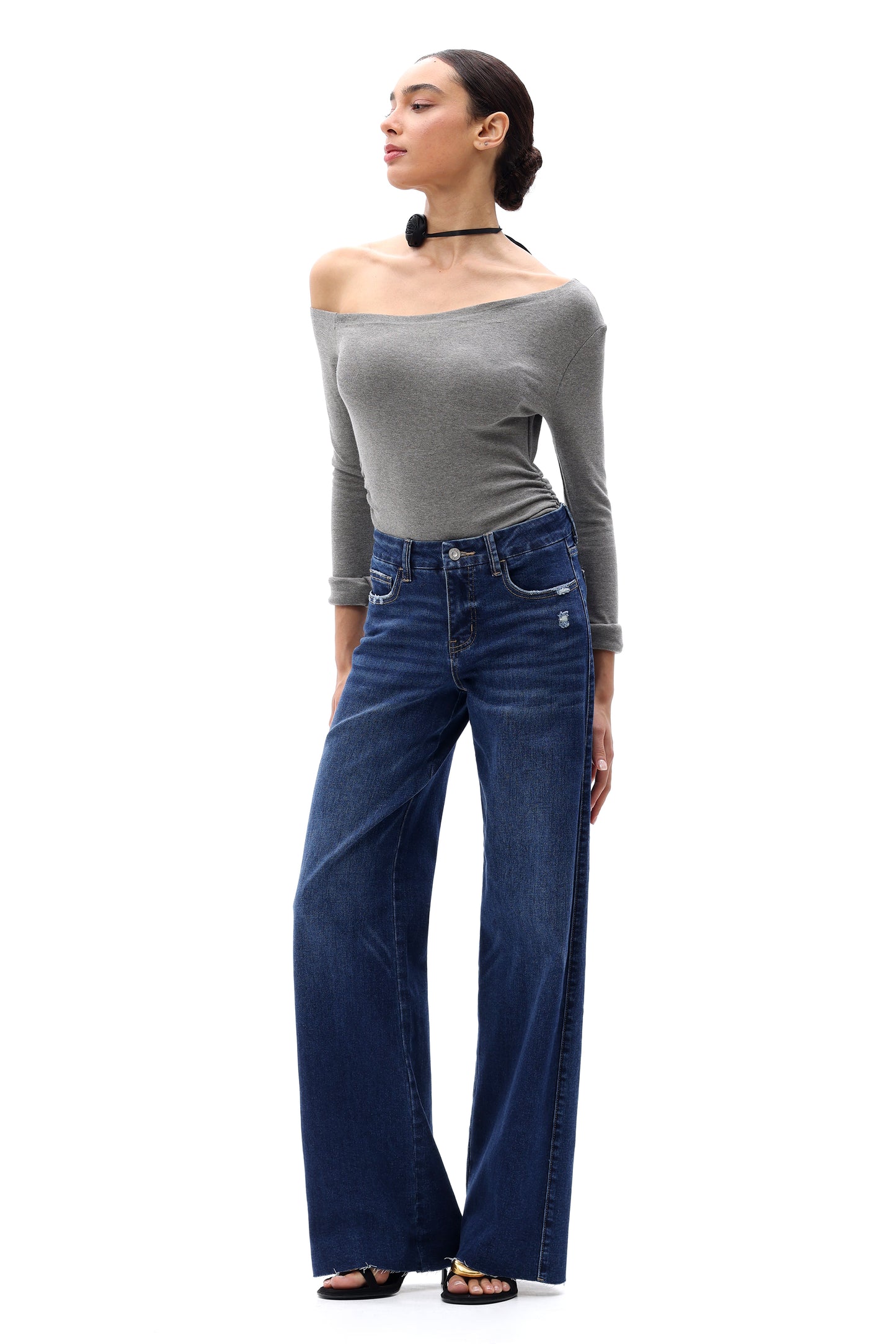 Mid Rise Wide Leg Jeans Raw Hem Vintage Denim OSW8019
