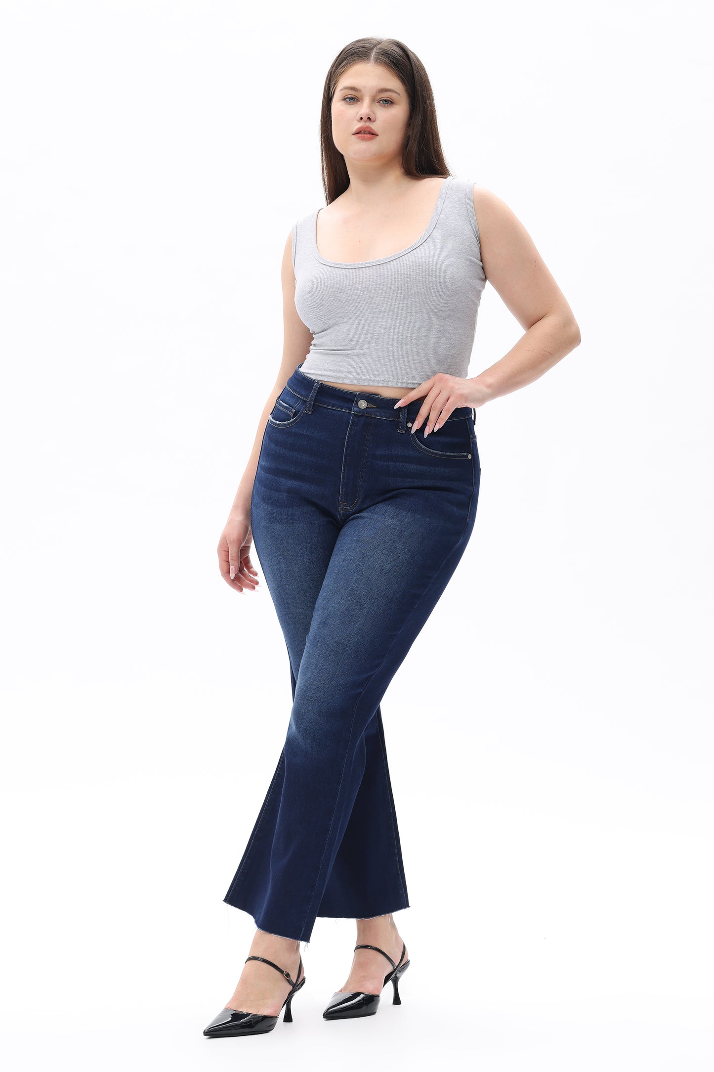 Plus Size High Rise Bootcut Raw Hem Denim Jeans OSF1137-P