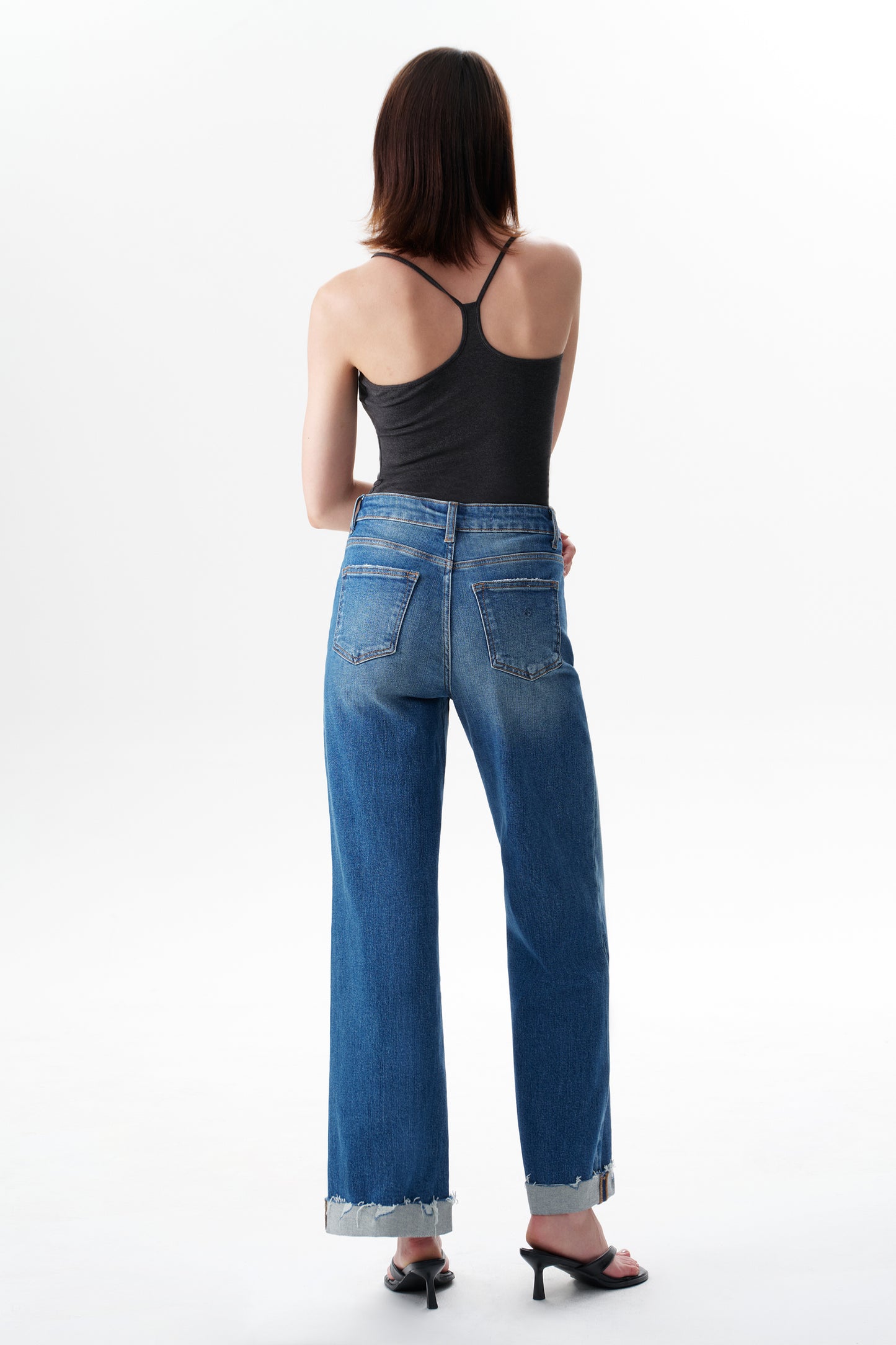 Mid High Rise Cuffed Flared Wide Leg Ankle Jeans ESFW620803