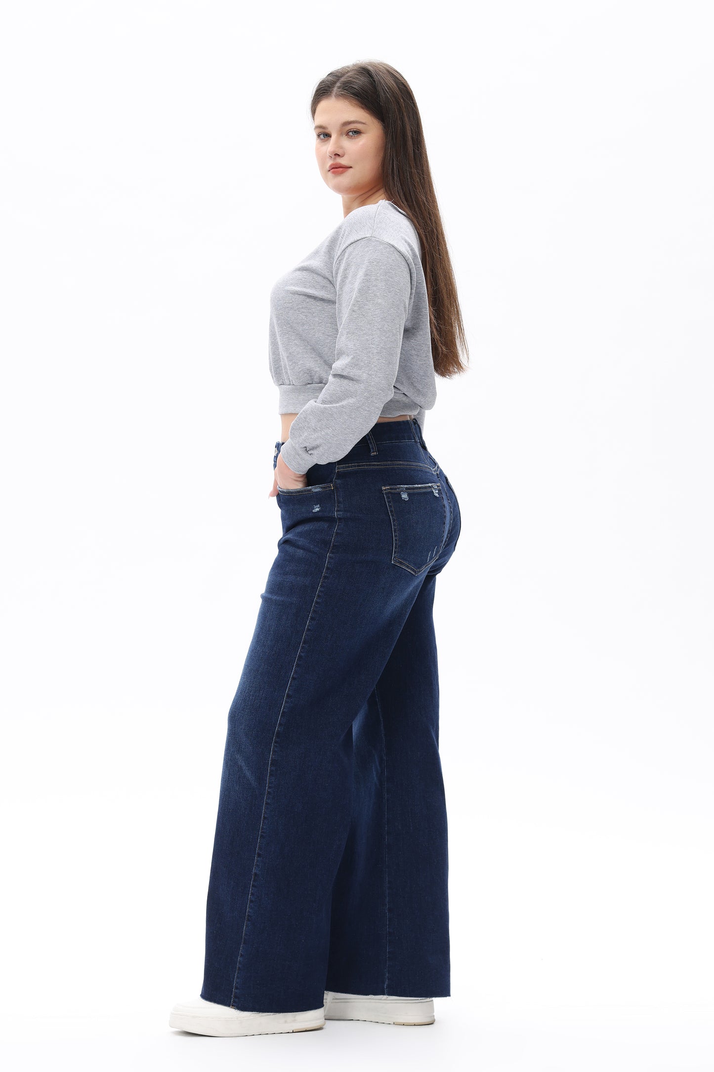 MID RISE WIDE LEG JEANS RAW HEM VINTAGE DENIM OSW8019-P