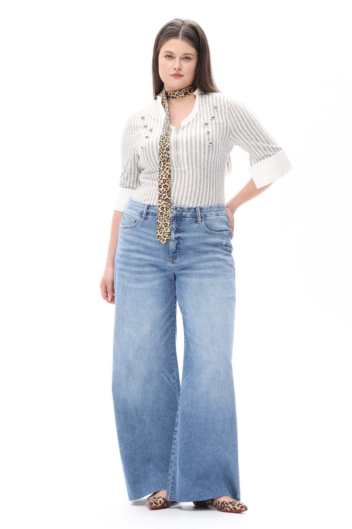 MID RISE WIDE LEG JEANS RAW HEM VINTAGE DENIM OSW8019-P