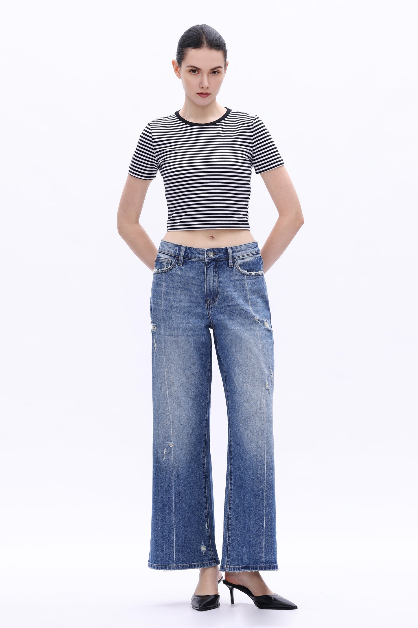 Low Rise Wide Leg  Distressed Jeans OSW8014