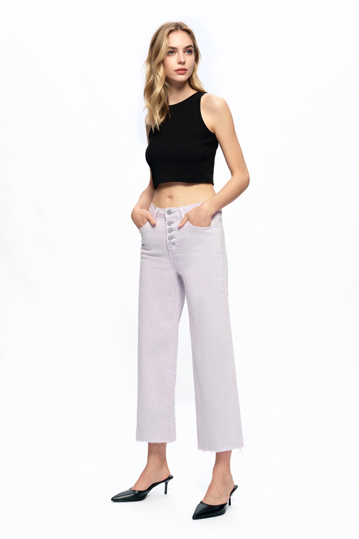 Cropped High Rise Wide Leg Jeans with Button-Fly Raw Hem OSN003